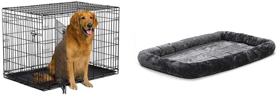 New World 42" Double Door Folding Metal Dog Crate, Fits Large Dog Breeds w/Matching New World Dog Crate Bed