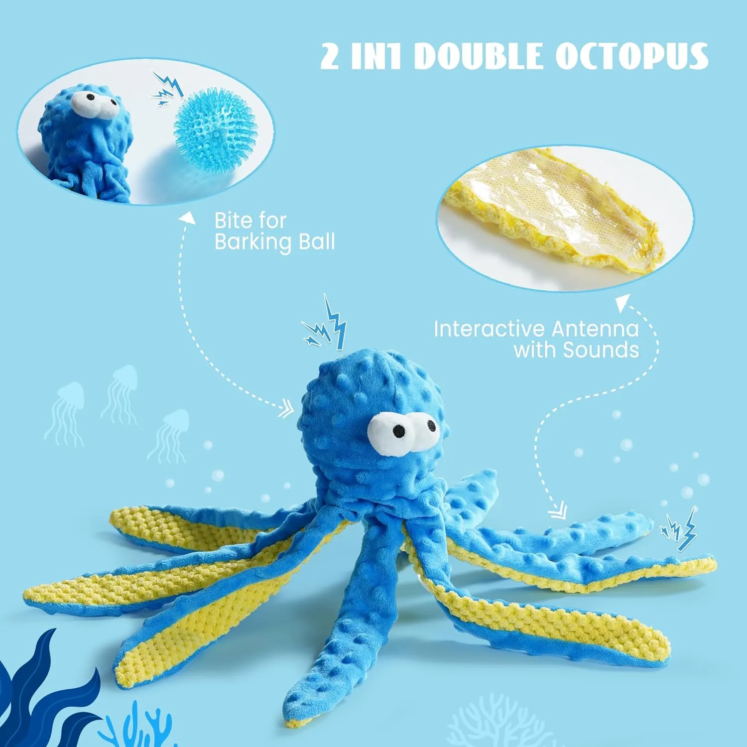 Nocciola Octopu Crinkle Squeaky Dog Toys for Aggressive Chewers, Durable Stuffed Plush Rope Tug Puppy Toy for Small, Medium Large Dogs, Octopus Fish Ocean Beach Summer, Dog Birthday Gifts