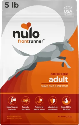 Nulo Frontrunner Ancient Grains High-Protein Dog Food, Turkey, Trout & Spelt Recipe- Natural Dry Dog Food with Probiotics, Grain-Inclusive Kibble for Adult Dogs, 5 lb Bag