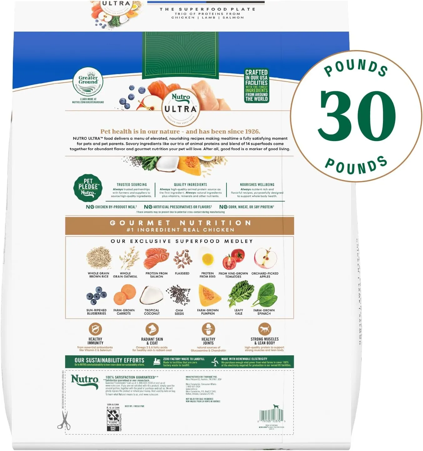 Nutro Ultra Adult Large Breed Dry Dog Food, Chicken, Lamb and Salmon Protein Trio, 30 lb. Bag