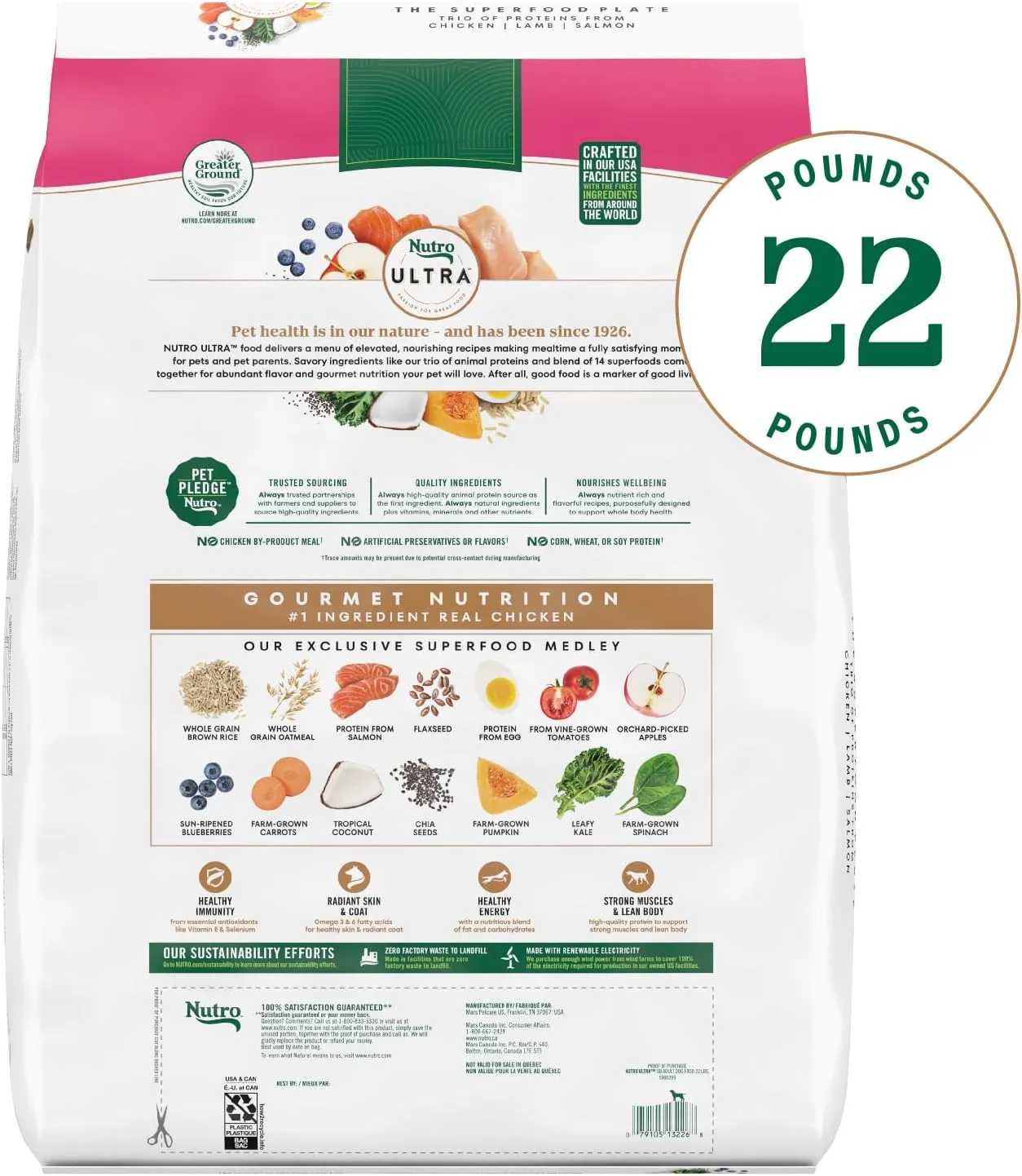 Nutro Ultra Adult Small Breed Dry Dog Food, Chicken, Lamb and Salmon Protein Trio, 22 lb. Bag