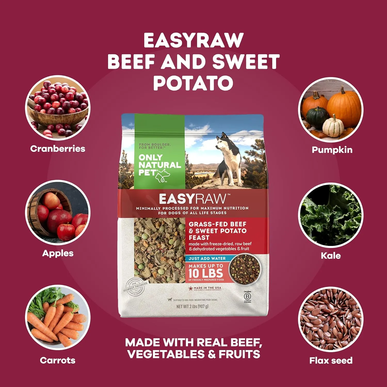 Only Natural Pet - EasyRaw Dehydrated Raw Dog Food Formula, Contains Real Wholesome Nutrition, Low Glycemic, Paleo Friendly, Non-GMO - Beef & Sweet Potato Flavor - 2 lb Bag (Makes 10 lbs)-B2