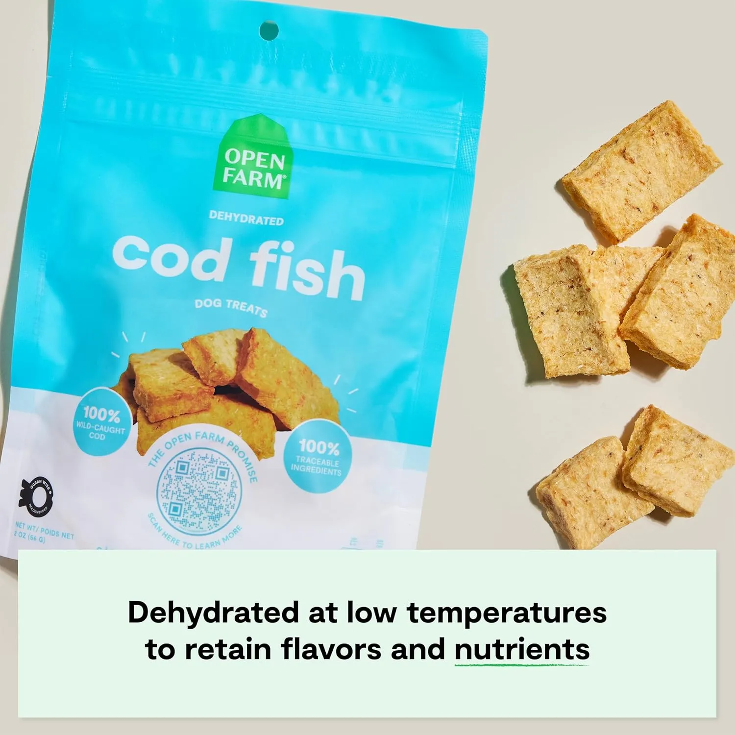 Open Farm, Dehydrated Dog Treats, High Protein & Low Carbohydrate Dog Snacks, Crunchy Texture, Single Ingredient Wild-Caught Cod Fish Recipe, 2.25oz Pouch