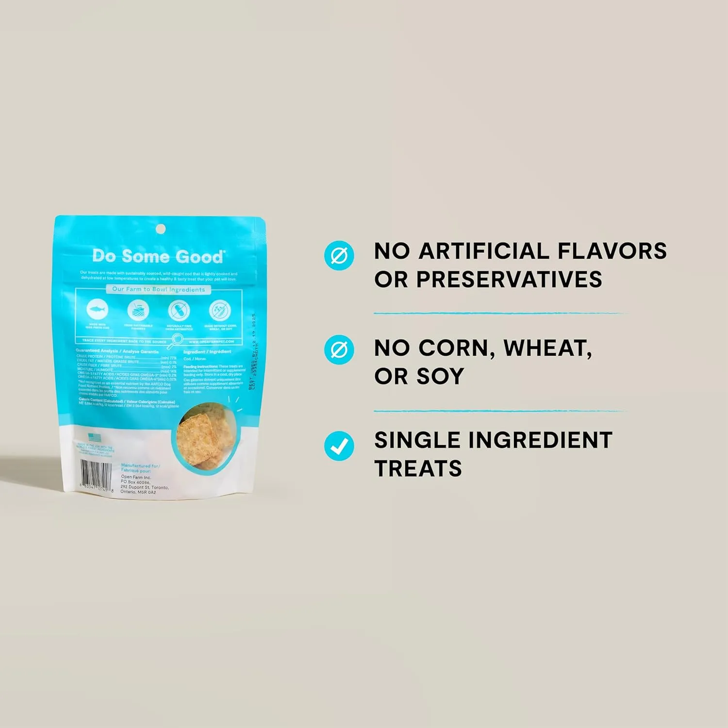 Open Farm, Dehydrated Dog Treats, High Protein & Low Carbohydrate Dog Snacks, Crunchy Texture, Single Ingredient Wild-Caught Cod Fish Recipe, 2.25oz Pouch