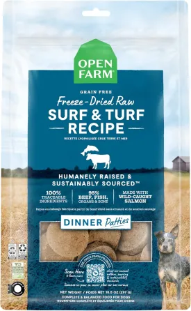 Open Farm Freeze Dried Raw Patties for Dogs, Humanely Raised Meat Recipe with Non-GMO Superfoods and No Artificial Flavors or Preservatives, Surf and Turf Recipe, 10.5oz