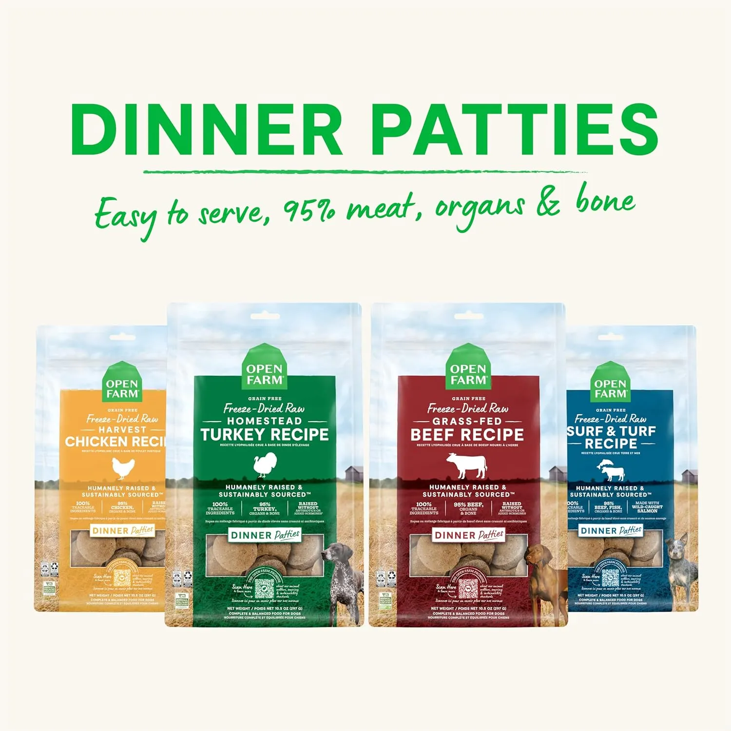 Open Farm Freeze Dried Raw Patties for Dogs, Humanely Raised Meat Recipe with Non-GMO Superfoods and No Artificial Flavors or Preservatives, Surf and Turf Recipe, 10.5oz