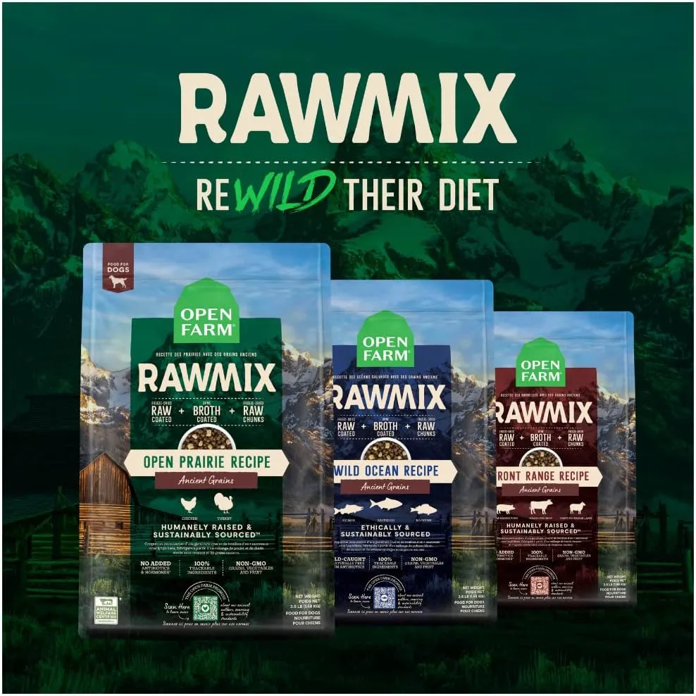 Open Farm, RawMix Dry Dog Food with Ancient Grains, Protein-Packed Kibble Coated in Bone Broth with Freeze Dried Raw Chunks, Chicken & Turkey, Open Prairie Recipe, 3.5lb Bag