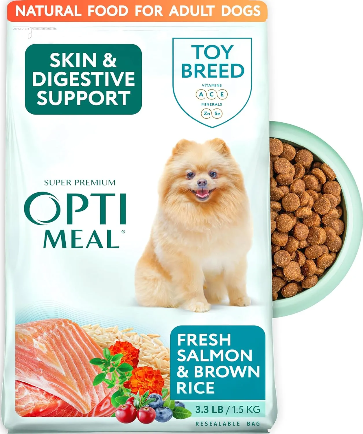 Optimeal Toy Breed Dry Dog Food  Small Kibble for Small Dogs, High Protein, Natural Ingredients, Skin & Digestive Support, Premium European Nutrition  Salmon & Brown Rice, 3.3 lbs
