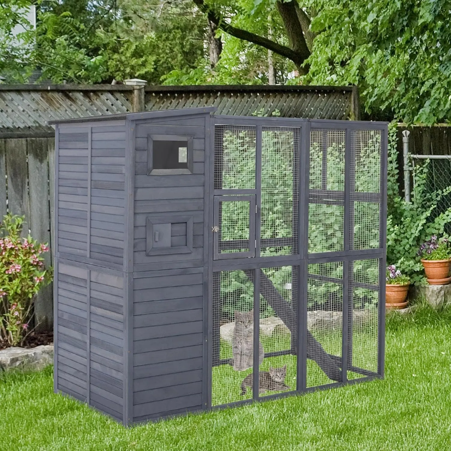 PawHut Outdoor Catio, Cat House Wooden Feral Cat Shelter, Cat Cage with Platforms, Waterproof Asphalt Roof, Ramps, 77" L, Gray