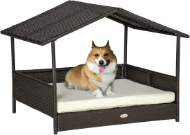 PawHut Wicker Dog House Outdoor with Canopy, Rattan Dog Bed with Water-Resistant Cushion, Raised Dog Bed for Small, Medium Dogs up to 66 lbs, 19.75" in Length, Brown Wicker, White Cushion