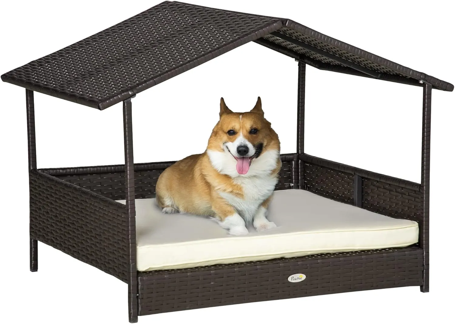 PawHut Wicker Dog House Outdoor with Canopy, Rattan Dog Bed with Water-Resistant Cushion, Raised Dog Bed for Small, Medium Dogs up to 66 lbs, 19.75" in Length, Brown Wicker, White Cushion