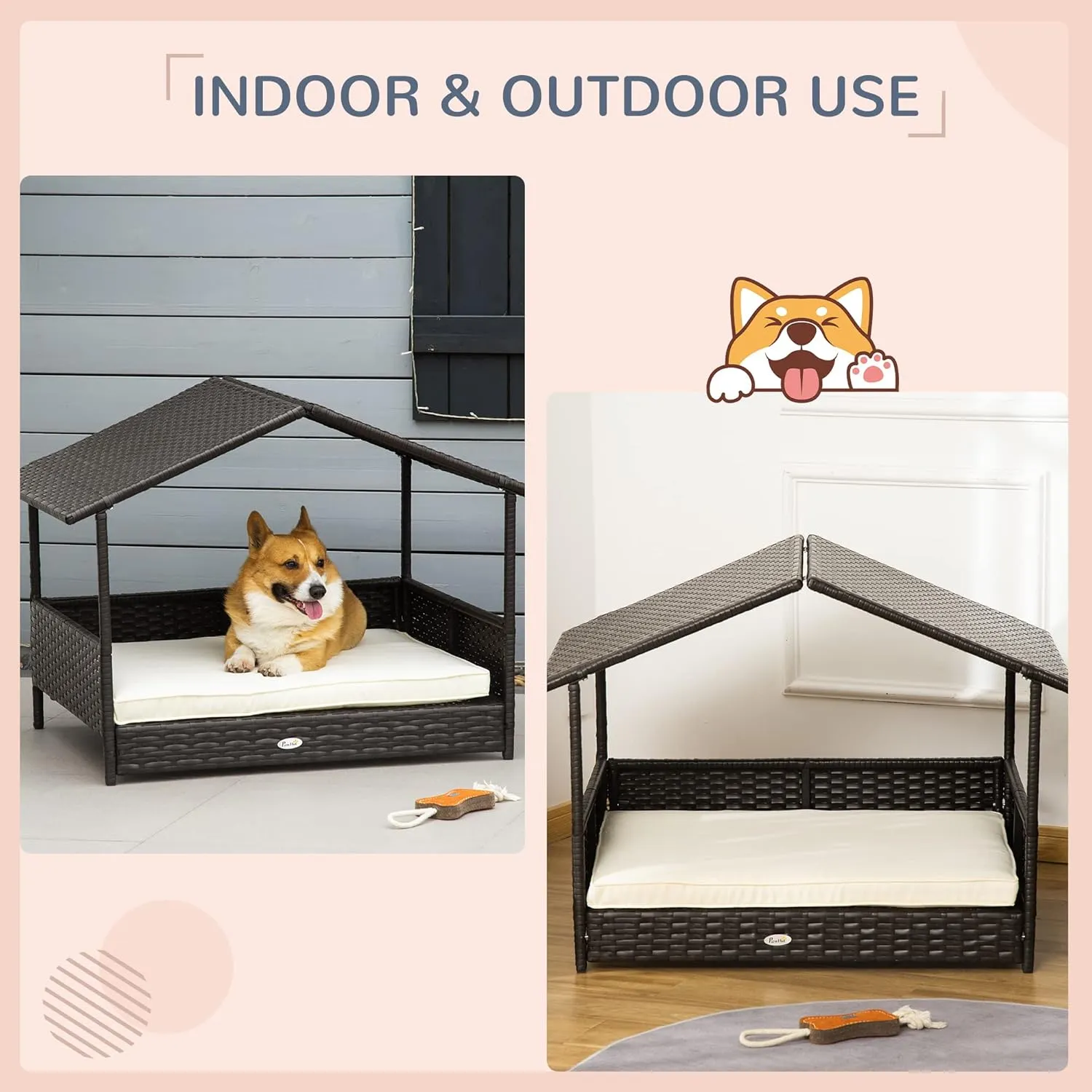 PawHut Wicker Dog House Outdoor with Canopy, Rattan Dog Bed with Water-Resistant Cushion, Raised Dog Bed for Small, Medium Dogs up to 66 lbs, 19.75" in Length, Brown Wicker, White Cushion