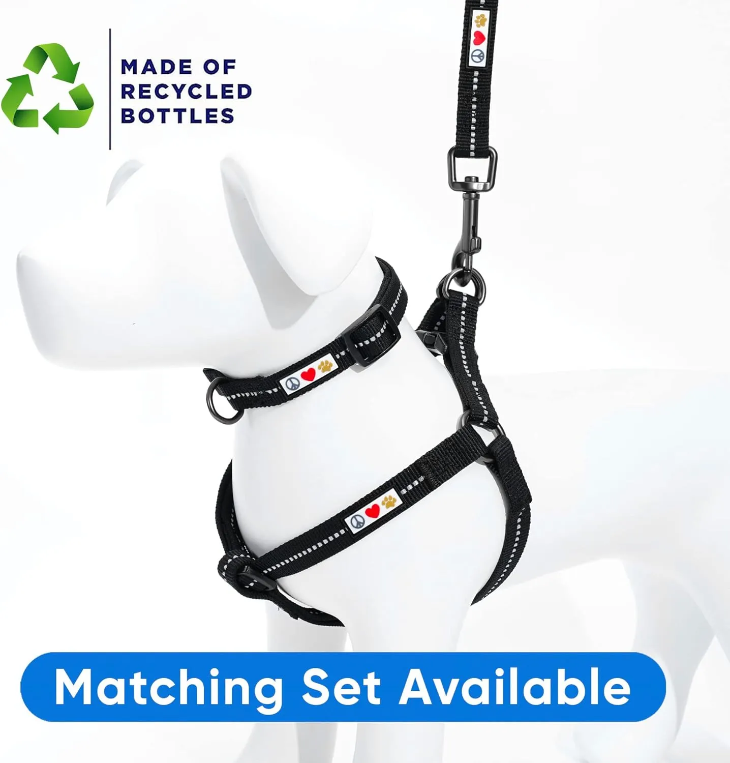 Pawtitas Recycled Dog Collar with Reflective Stitched Puppy Collar Made from Plastic Bottles Collected from Oceans Medium Black Sea