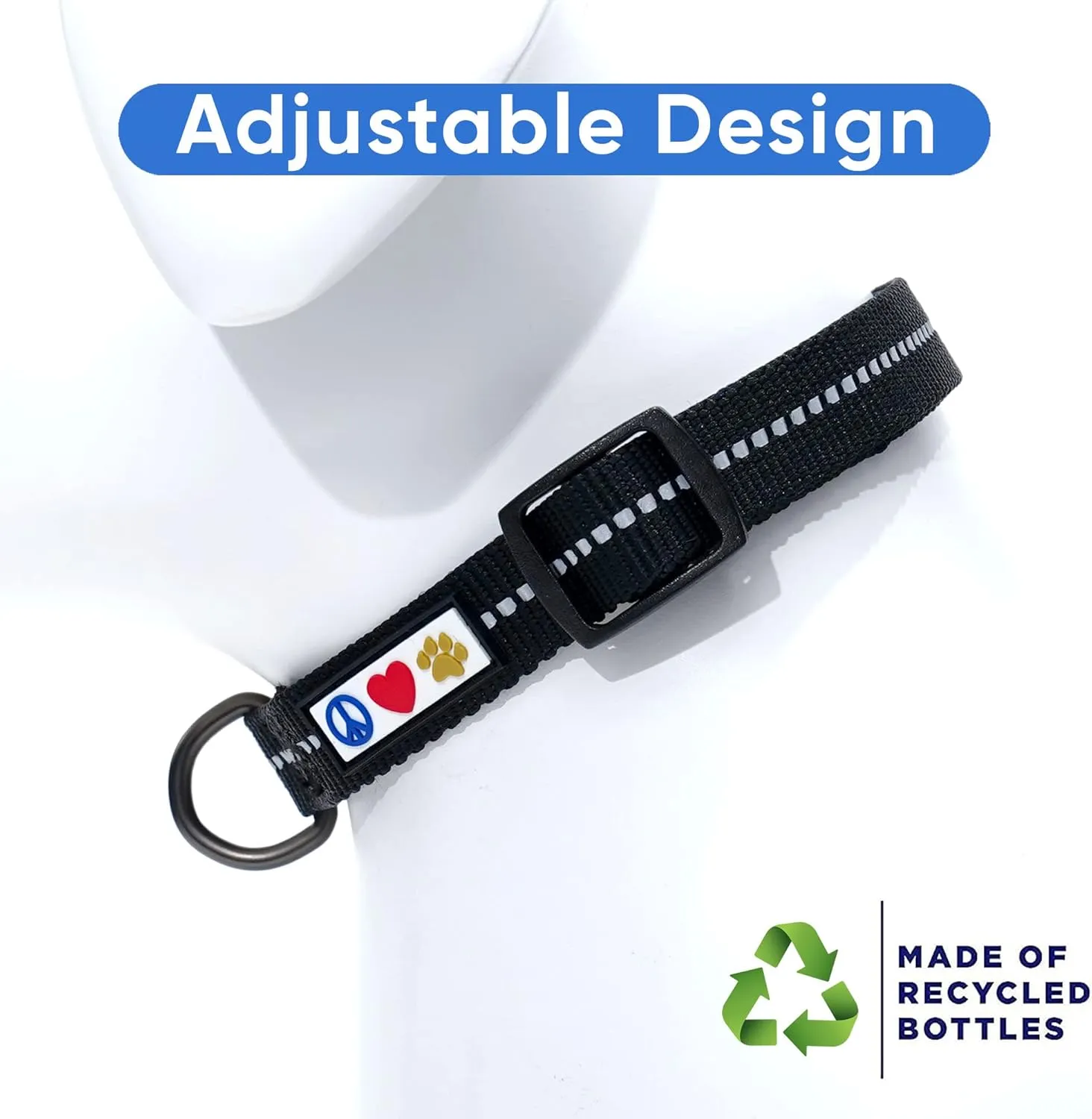 Pawtitas Recycled Dog Collar with Reflective Stitched Puppy Collar Made from Plastic Bottles Collected from Oceans Medium Black Sea