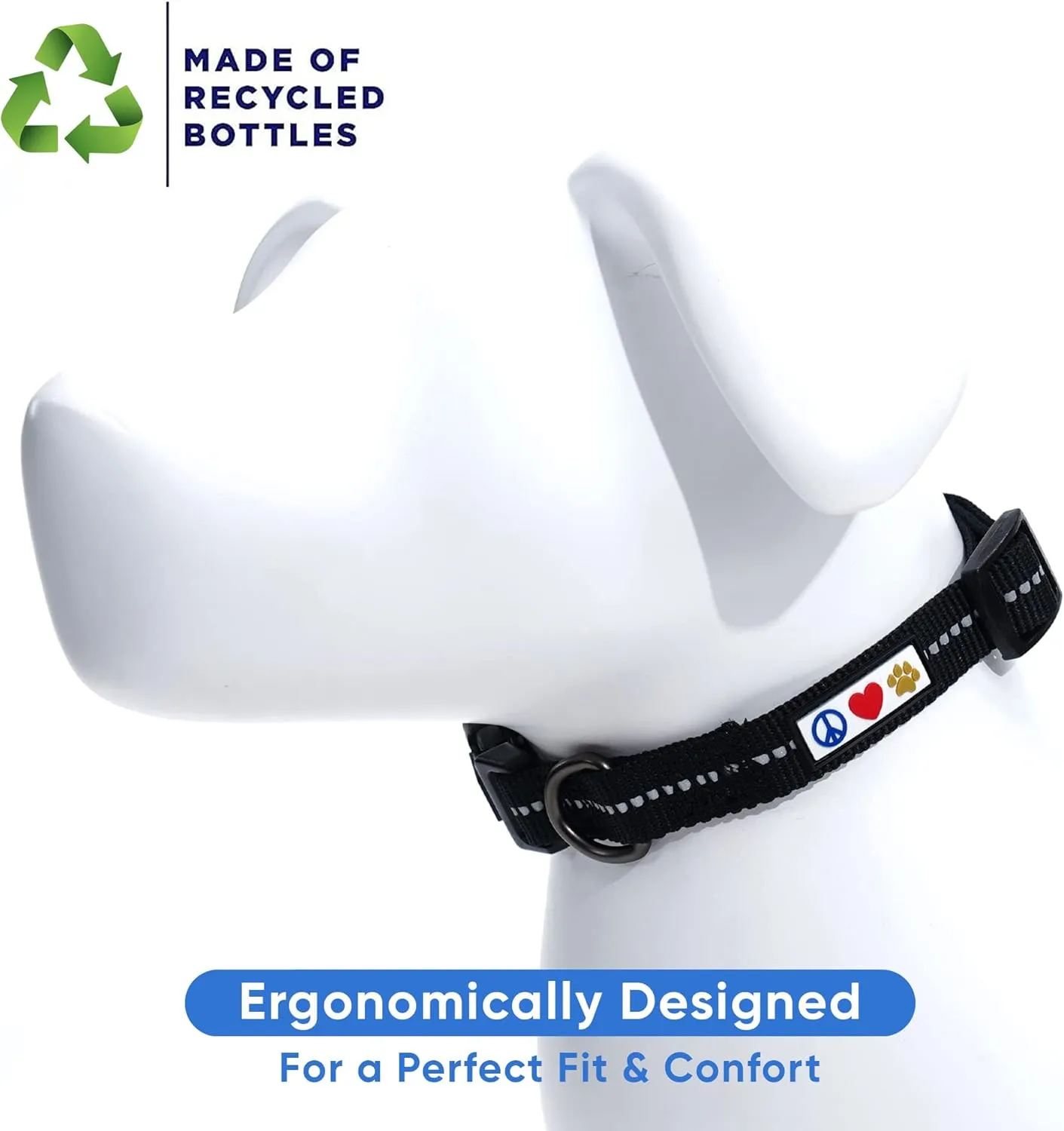 Pawtitas Recycled Dog Collar with Reflective Stitched Puppy Collar Made from Plastic Bottles Collected from Oceans Medium Black Sea
