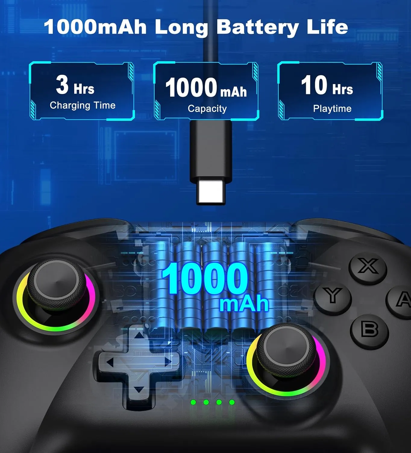 PC Controller, Wireless Bluetooth Controller, 1000mAh Battery, with Hall Effect Joysticks & Triggers, No Dead Zone, No Stick Drift, Controller for PC, Switch, iOS and Android, Cool Dynamic Light