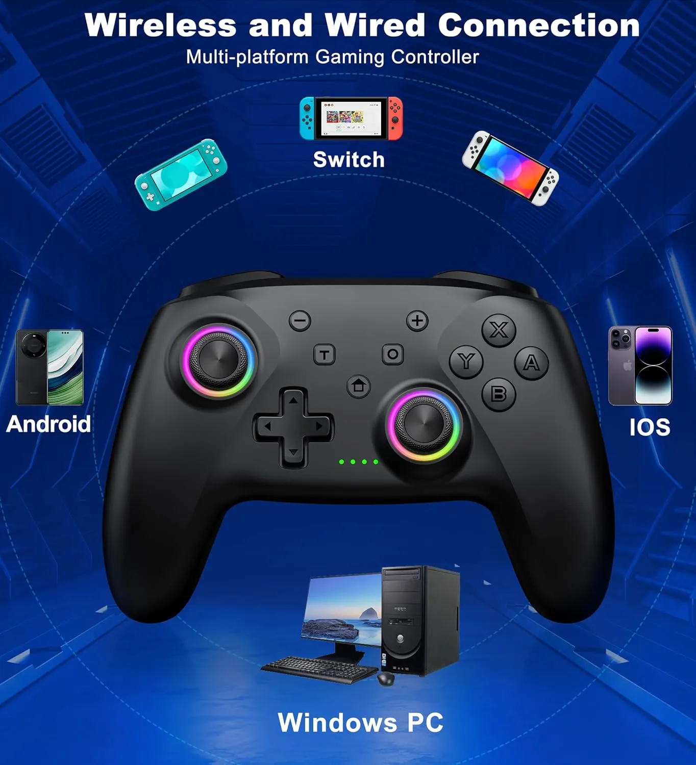 PC Controller, Wireless Bluetooth Controller, 1000mAh Battery, with Hall Effect Joysticks & Triggers, No Dead Zone, No Stick Drift, Controller for PC, Switch, iOS and Android, Cool Dynamic Light