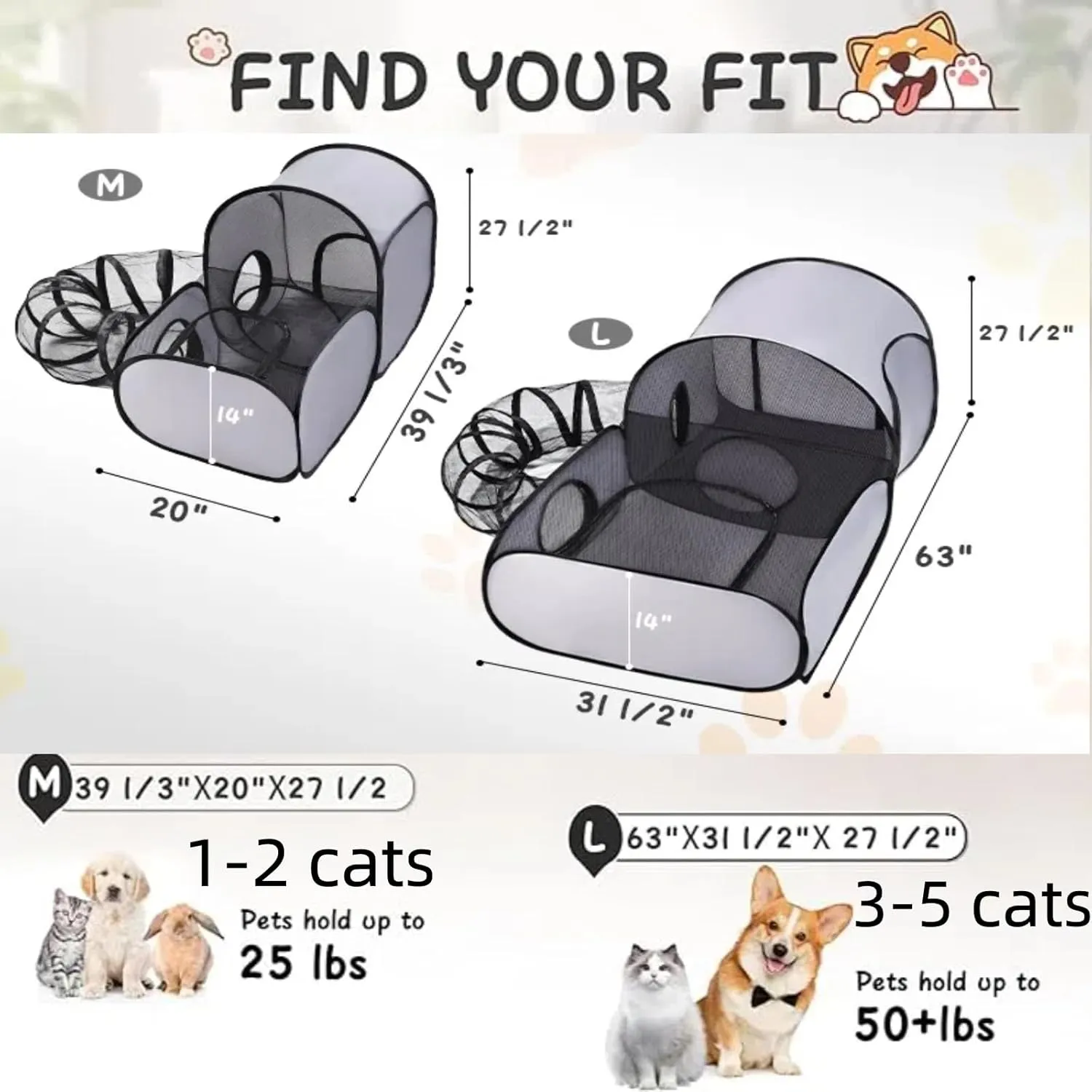 Pet Playpen with Surround Tunnel, Outdoor/Indoor Cat Playpen with Breathable Soft SidesTailtastic Cat Enclosure Tent for Small Animals, Portable Tent with Carry Bag (Medium)