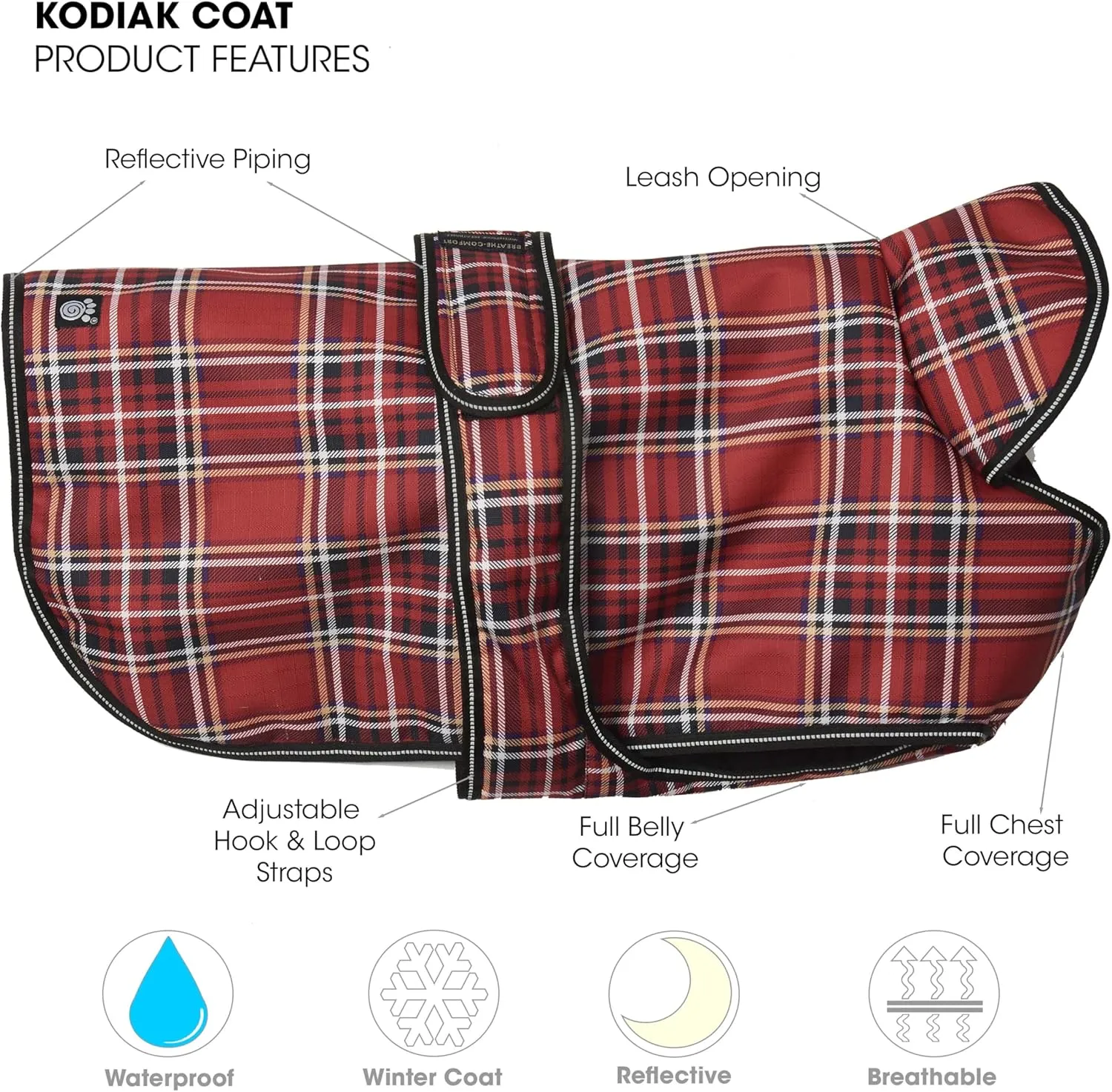 PetRageous 438RPXL Kodiak Heavyweight Waterproof Winter Coat With Full Chest Coverage and Leash Opening for X-Large Dogs, Red Plaid