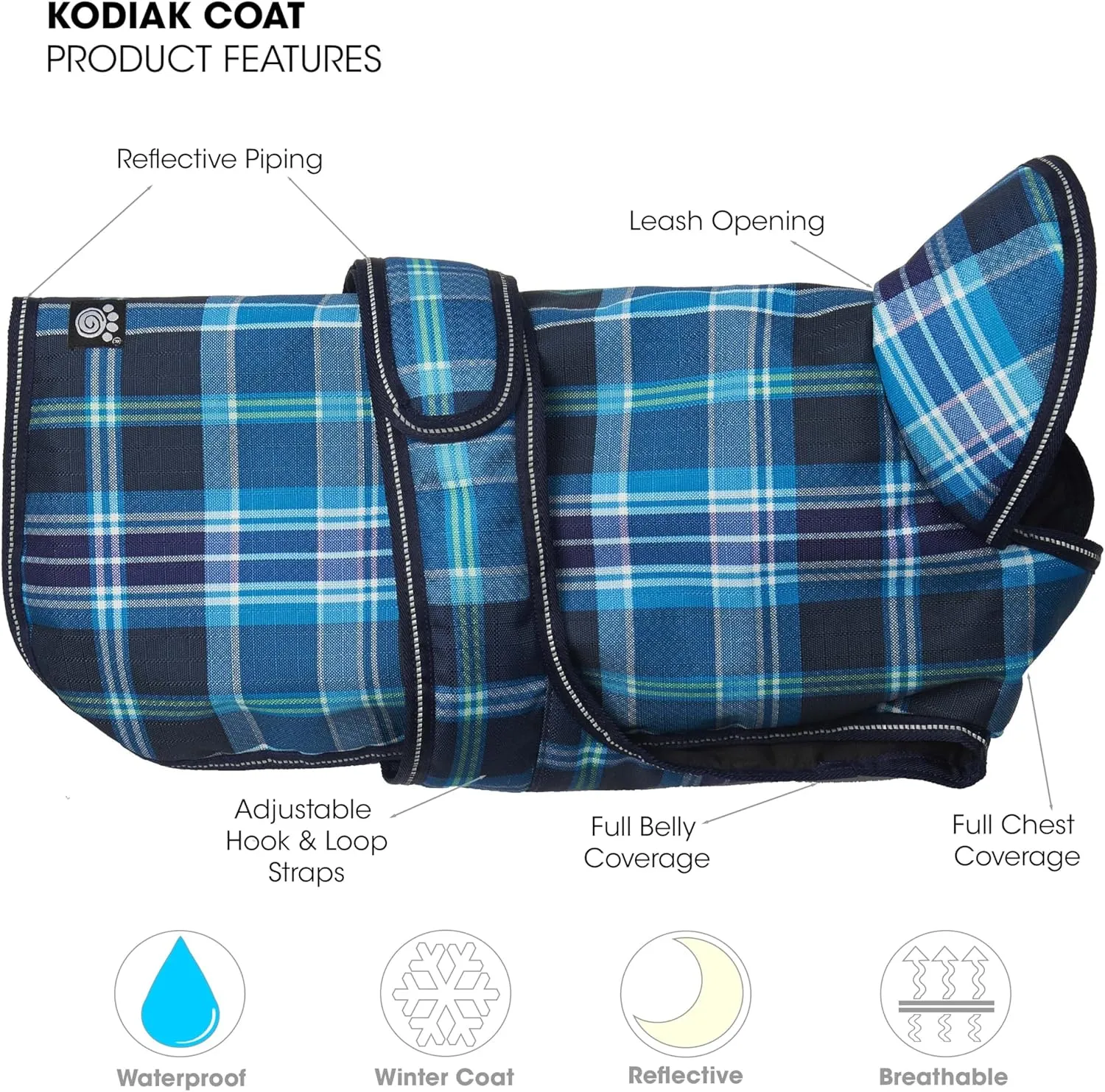 PetRageous 438TXL Kodiak Waterproof Winter Coat With Full Chest Coverage, Leash Opening, 23-Inch Long Heavyweight Jacket for X-Large Dogs, Teal Plaid