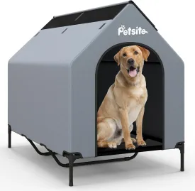 PETSITE 52 inch Dog House, Elevated Dog House Outdoor with Ventilated Windows, Removable Weatherproof 600D Oxford Canopy and Raised Mesh Dog Bed, Dog Tent, X-Large, 52 x 33 x 45 inch