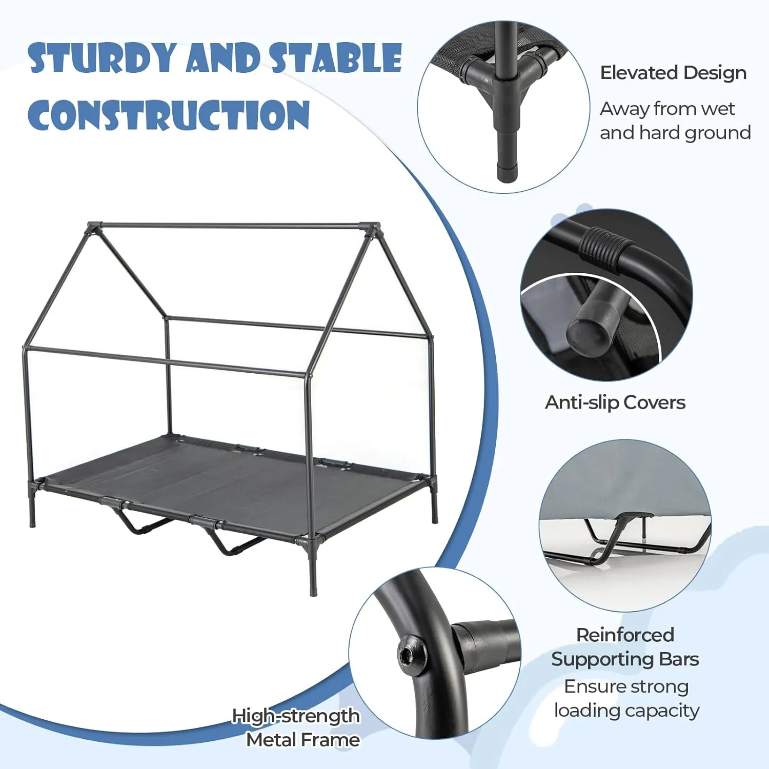 PETSITE 52 inch Dog House, Elevated Dog House Outdoor with Ventilated Windows, Removable Weatherproof 600D Oxford Canopy and Raised Mesh Dog Bed, Dog Tent, X-Large, 52 x 33 x 45 inch