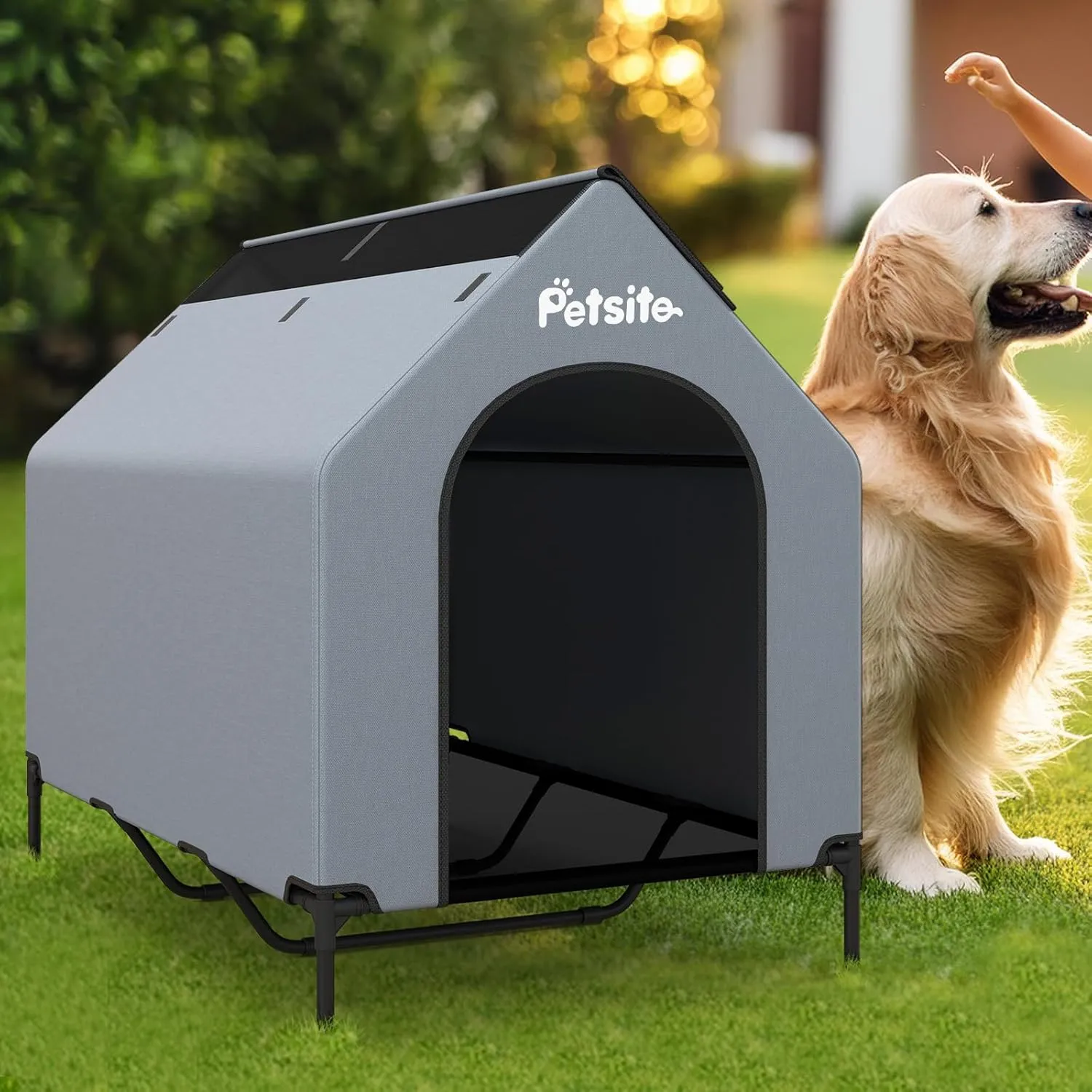 PETSITE 52 inch Dog House, Elevated Dog House Outdoor with Ventilated Windows, Removable Weatherproof 600D Oxford Canopy and Raised Mesh Dog Bed, Dog Tent, X-Large, 52 x 33 x 45 inch