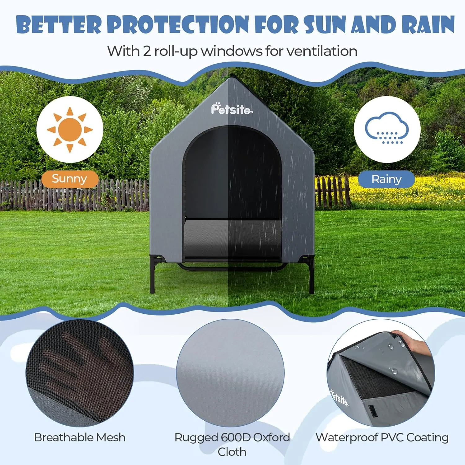 PETSITE 52 inch Dog House, Elevated Dog House Outdoor with Ventilated Windows, Removable Weatherproof 600D Oxford Canopy and Raised Mesh Dog Bed, Dog Tent, X-Large, 52 x 33 x 45 inch