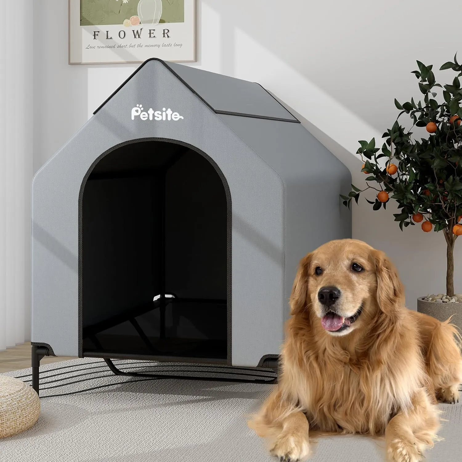 PETSITE 52 inch Dog House, Elevated Dog House Outdoor with Ventilated Windows, Removable Weatherproof 600D Oxford Canopy and Raised Mesh Dog Bed, Dog Tent, X-Large, 52 x 33 x 45 inch