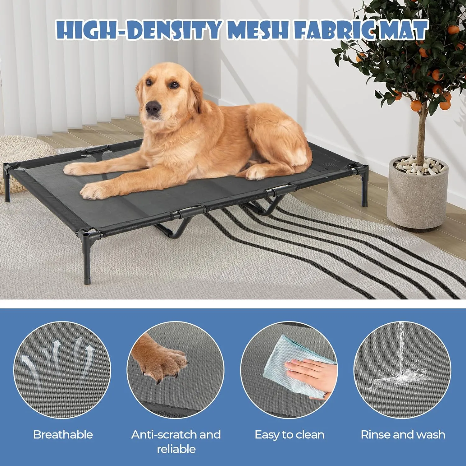 PETSITE 52 inch Dog House, Elevated Dog House Outdoor with Ventilated Windows, Removable Weatherproof 600D Oxford Canopy and Raised Mesh Dog Bed, Dog Tent, X-Large, 52 x 33 x 45 inch