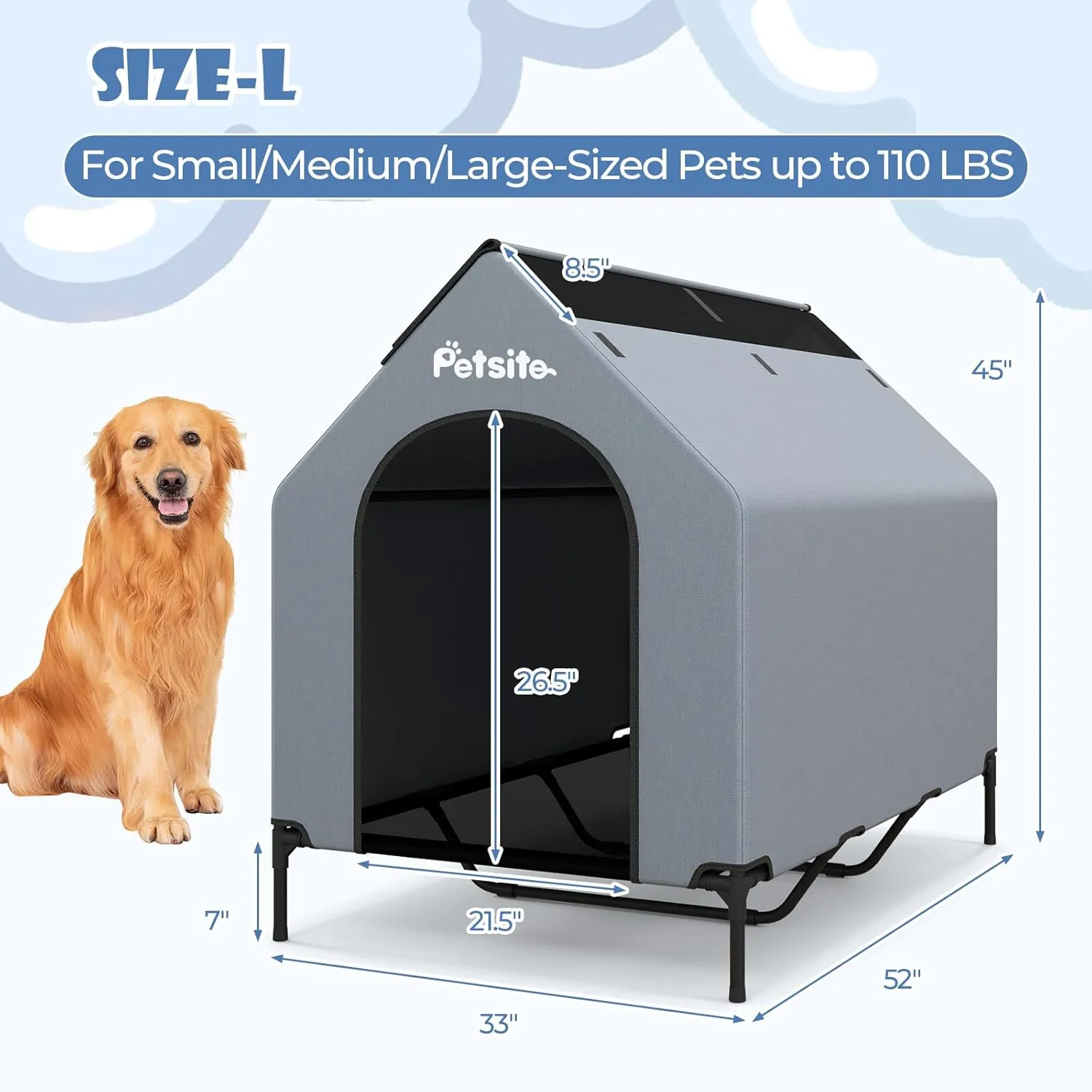 PETSITE 52 inch Dog House, Elevated Dog House Outdoor with Ventilated Windows, Removable Weatherproof 600D Oxford Canopy and Raised Mesh Dog Bed, Dog Tent, X-Large, 52 x 33 x 45 inch