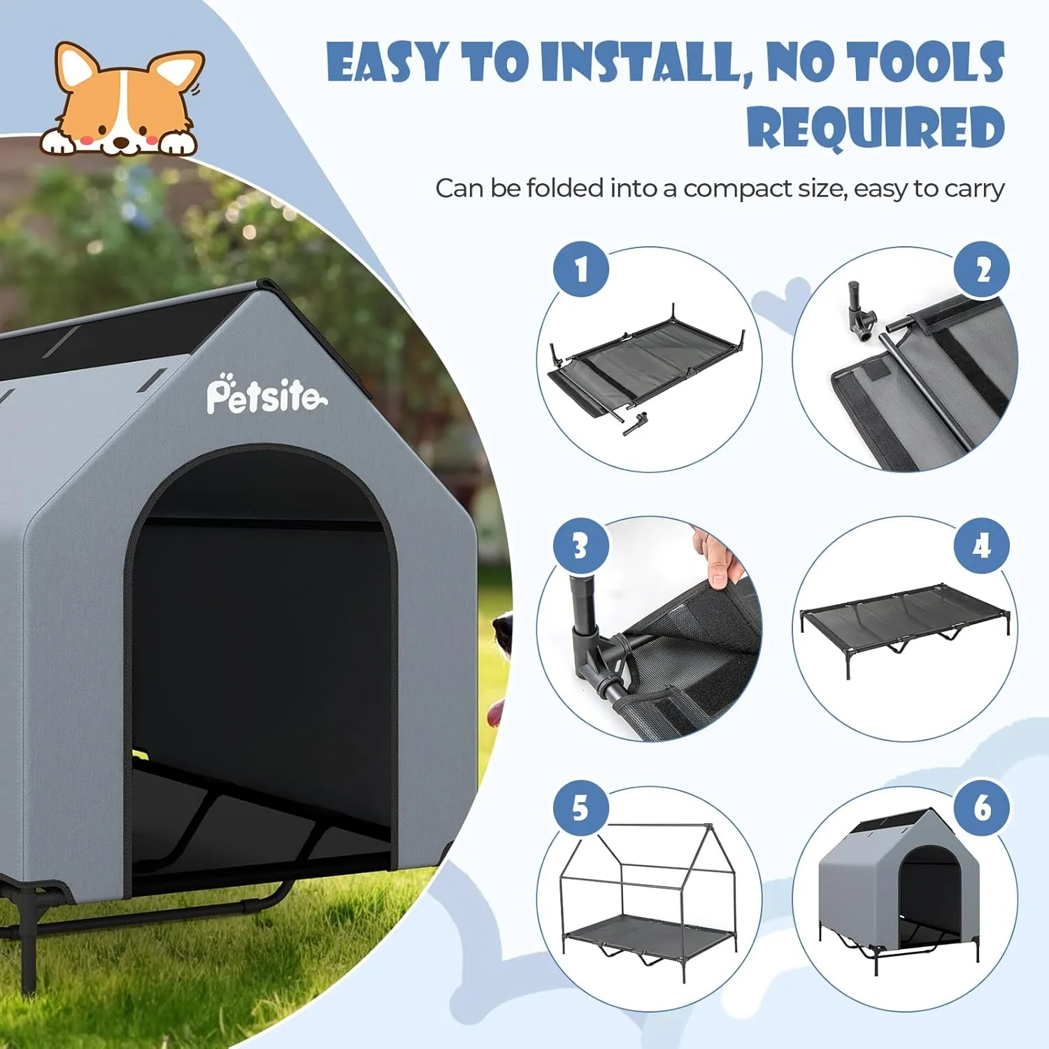 PETSITE 52 inch Dog House, Elevated Dog House Outdoor with Ventilated Windows, Removable Weatherproof 600D Oxford Canopy and Raised Mesh Dog Bed, Dog Tent, X-Large, 52 x 33 x 45 inch