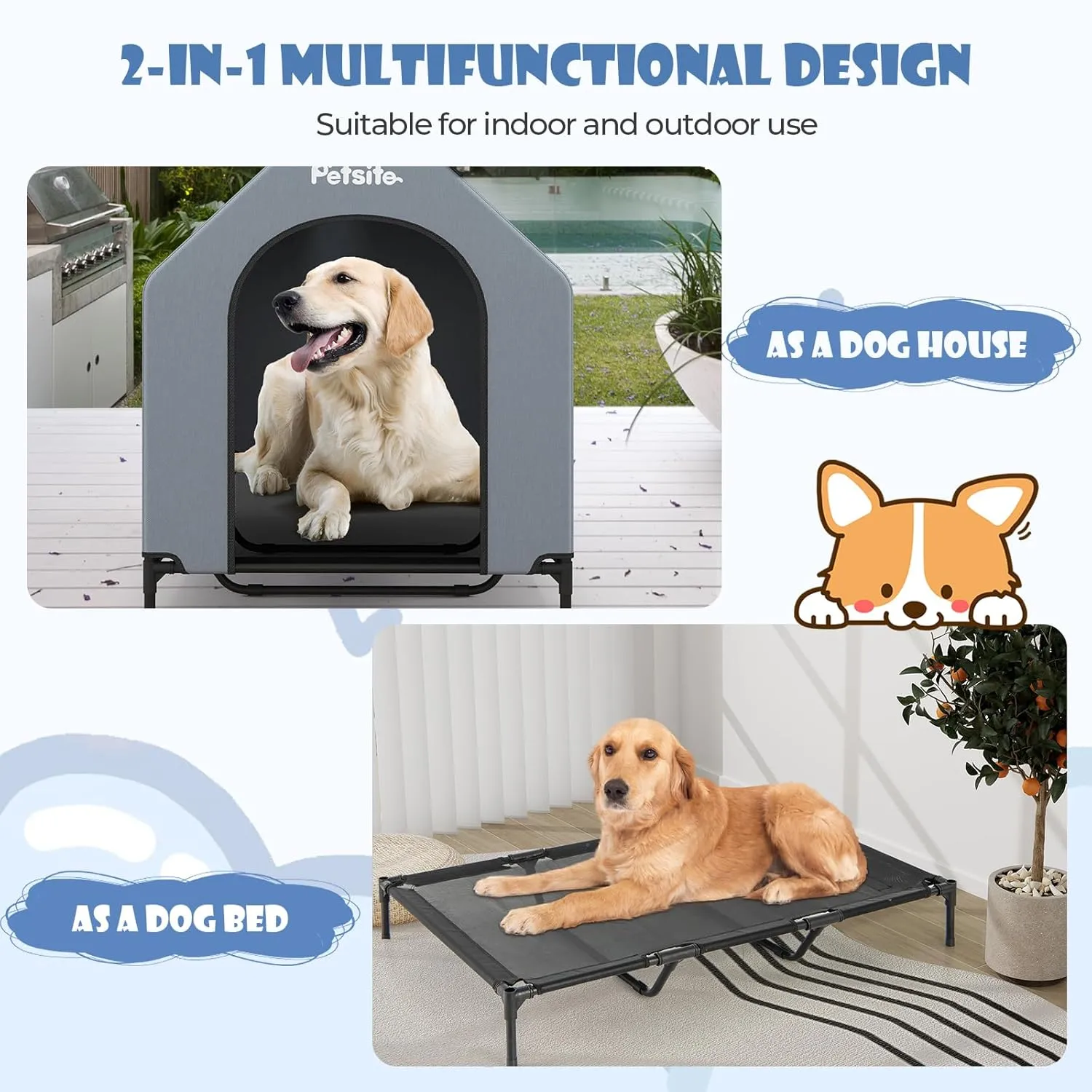 PETSITE 52 inch Dog House, Elevated Dog House Outdoor with Ventilated Windows, Removable Weatherproof 600D Oxford Canopy and Raised Mesh Dog Bed, Dog Tent, X-Large, 52 x 33 x 45 inch