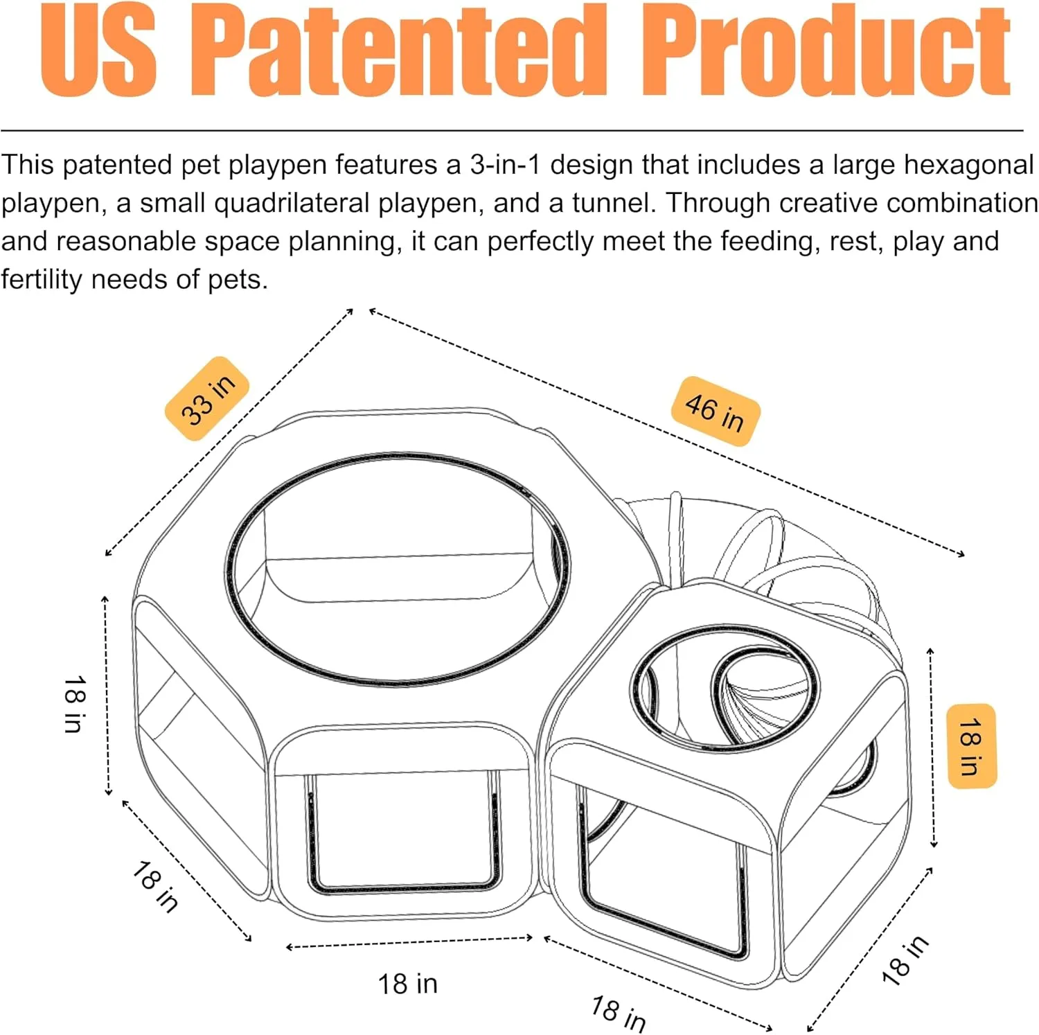 Portable Cat Playpen 2-Room with Tunnel, 3-in-1 Pop-up Cat Dog Crate Play Enclosure with Separate Areas, Foldable Pet Playpen for Puppy Kitten and Small Animals Indoor Outdoor