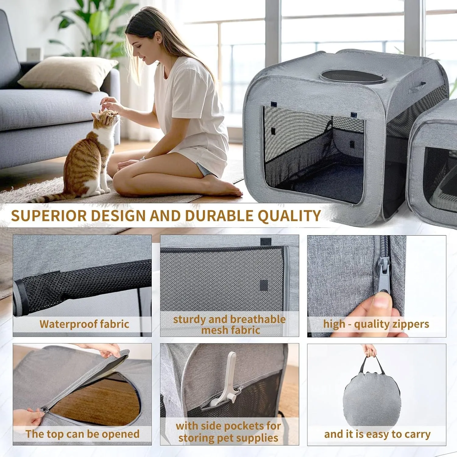 Portable Cat Playpen for Indoor & Outdoor Cats with 2 Rooms, Large Foldable Cat Tent, Cat Cage Fit Kitten, Puppy, Dogs, Pets