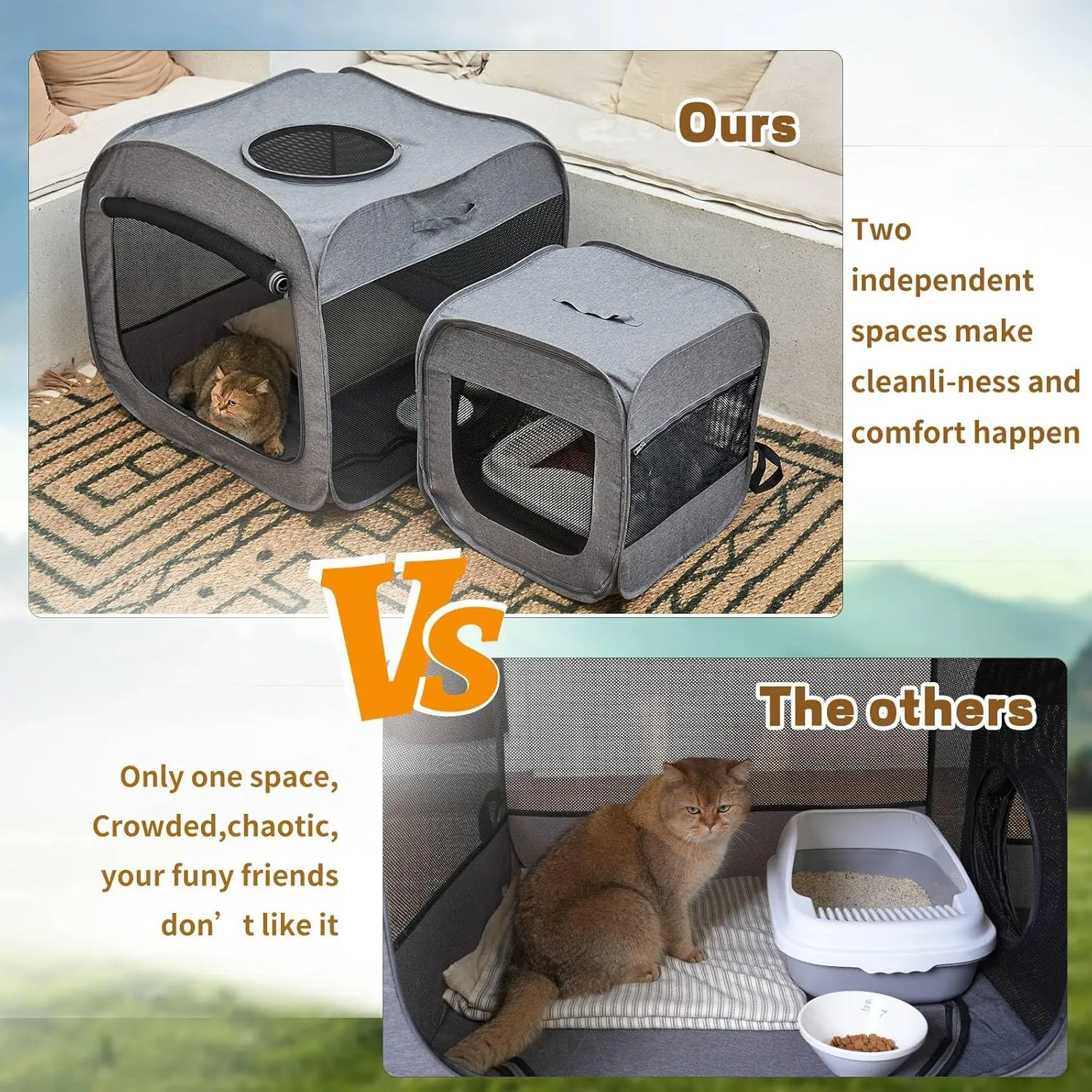 Portable Cat Playpen for Indoor & Outdoor Cats with 2 Rooms, Large Foldable Cat Tent, Cat Cage Fit Kitten, Puppy, Dogs, Pets
