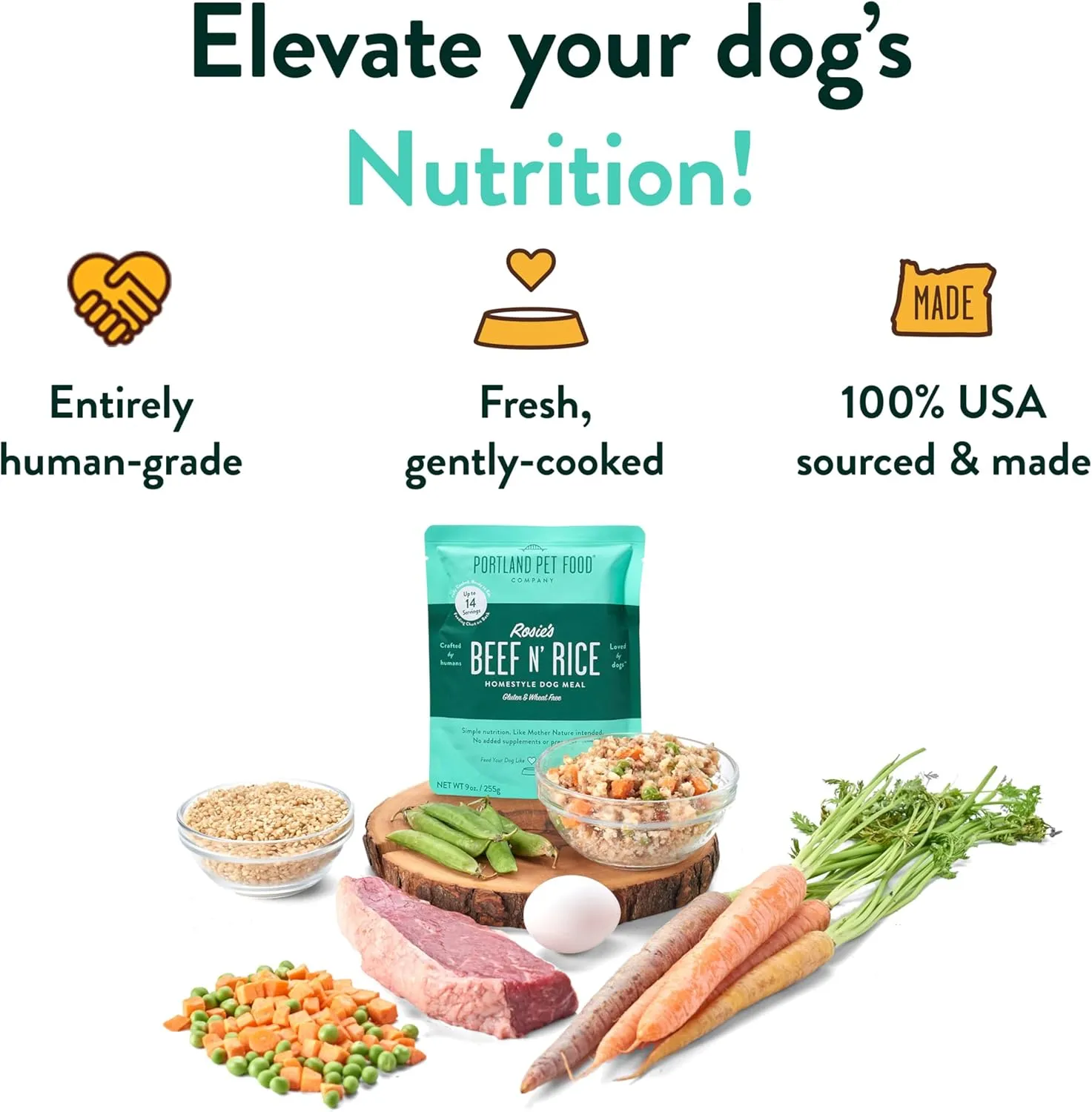 Portland Pet Food Company Rosies Beef N' Rice Fresh Dog Food Pouches - Human-Grade, Gluten-Free Wet Pet Meal Topper & Mixers - Small & Large Breed Puppy & Senior Dogs - Made in the USA - 8 Pack