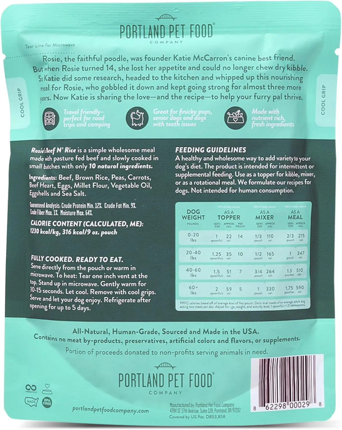 Portland Pet Food Company Rosies Beef N' Rice Fresh Dog Food Pouches - Human-Grade, Gluten-Free Wet Pet Meal Topper & Mixers - Small & Large Breed Puppy & Senior Dogs - Made in the USA - 8 Pack
