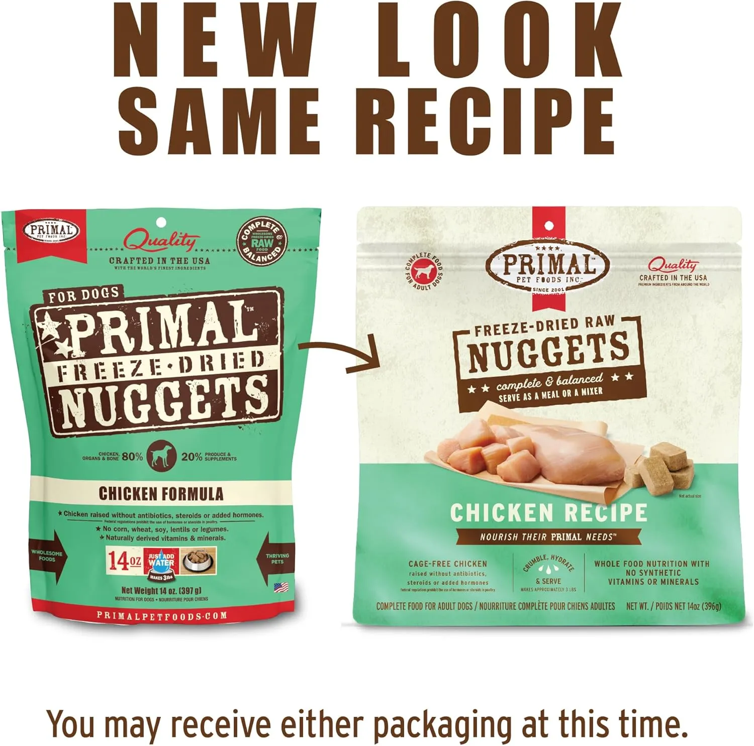 Primal Freeze Dried Dog Food Nuggets, Chicken; Complete Balanced Meal, Topper or Treat; Premium, Healthy, Grain Free, High Protein Raw Dog Food, 14 oz