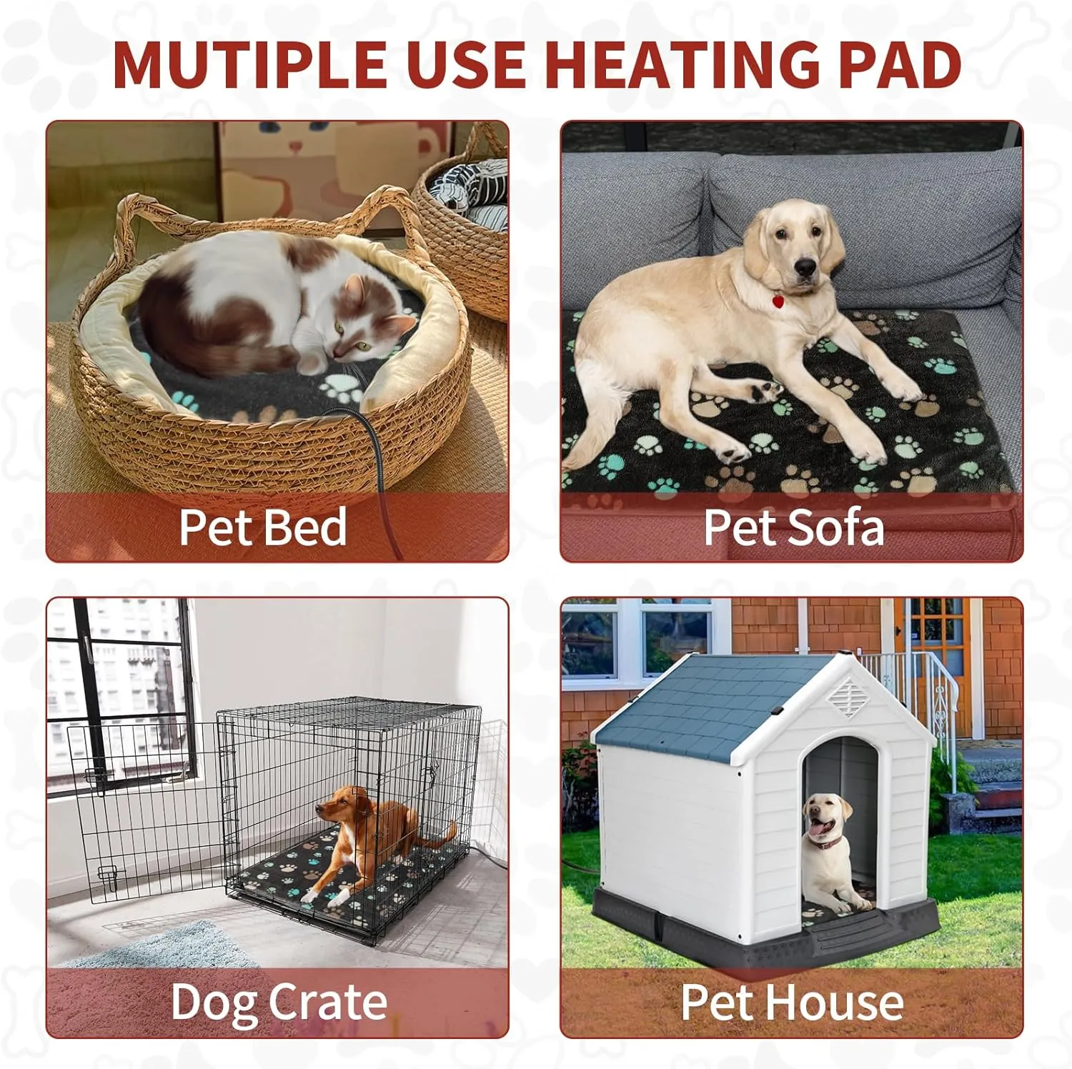 Puppy Heating Pad 28x18 in Pet Heating Pad for DogsWaterproof Outer Skin and Smart Thermostat Switch, Adjustable Heated Cat Bed, Adding Wire Rope Wires Cat Warming Pad With Plush Fabric Cover