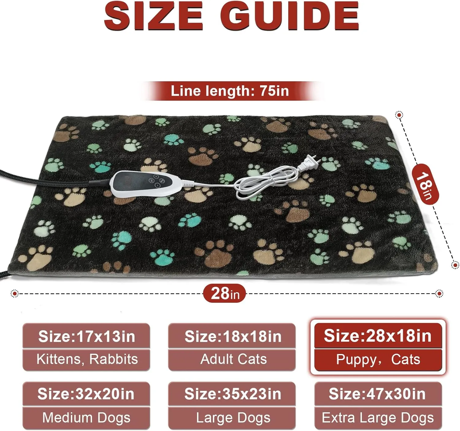 Puppy Heating Pad 28x18 in Pet Heating Pad for DogsWaterproof Outer Skin and Smart Thermostat Switch, Adjustable Heated Cat Bed, Adding Wire Rope Wires Cat Warming Pad With Plush Fabric Cover