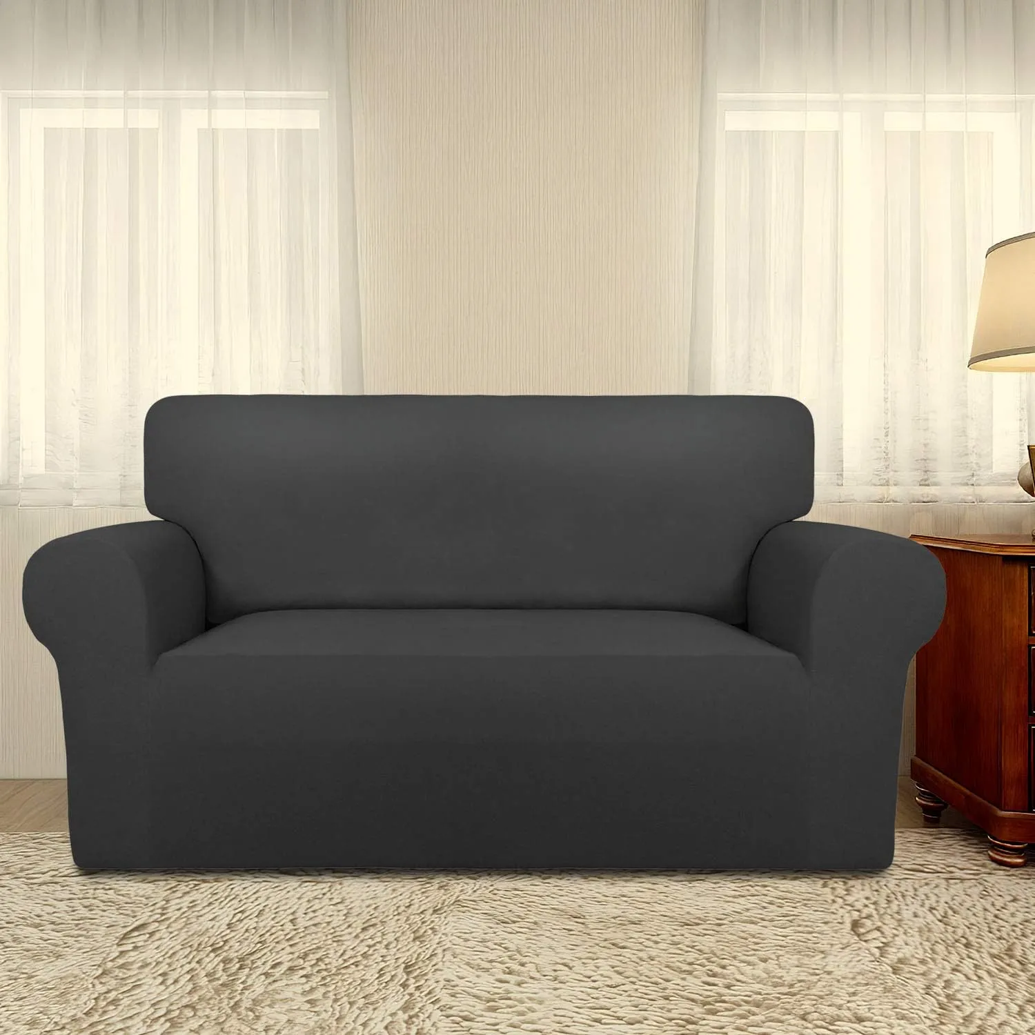 PureFit Super Stretch Sofa Slipcover  Spandex Non Slip Soft Couch Sofa Cover, Washable Furniture Protector with Non Skid Foam and Elastic Bottom for Kids, Pets Loveseat, Dark Gray
