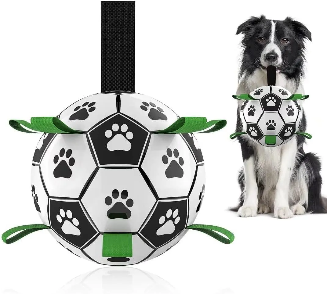QDAN Dog Toys Soccer Ball with Straps, Interactive Dog Toys for Tug of War, Puppy Birthday Gifts, Water Toy, Durable Dogs Balls World Cup for Small Medium (6 Inch)