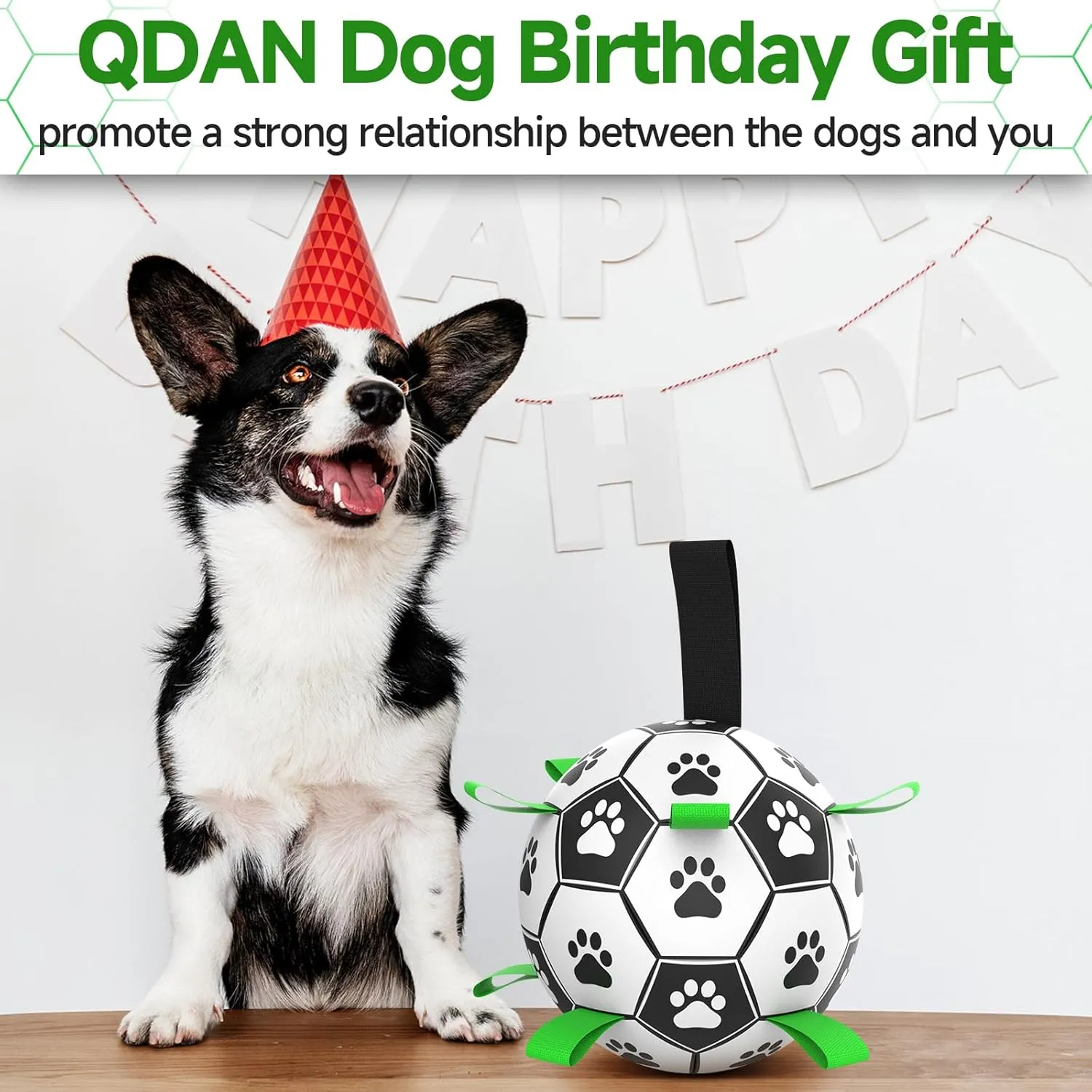 QDAN Dog Toys Soccer Ball with Straps, Interactive Dog Toys for Tug of War, Puppy Birthday Gifts, Water Toy, Durable Dogs Balls World Cup for Small Medium (6 Inch)