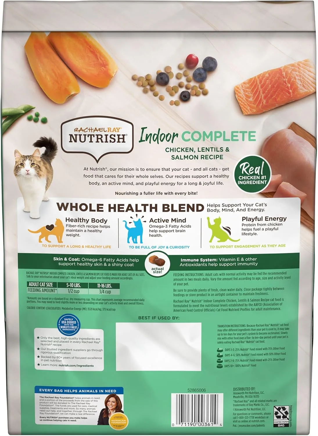 Rachael Ray Nutrish Indoor Complete Premium Natural Dry Cat Food, Chicken with Lentils & Salmon Recipe, 14 Pounds (Packaging May Vary) (1826690300)