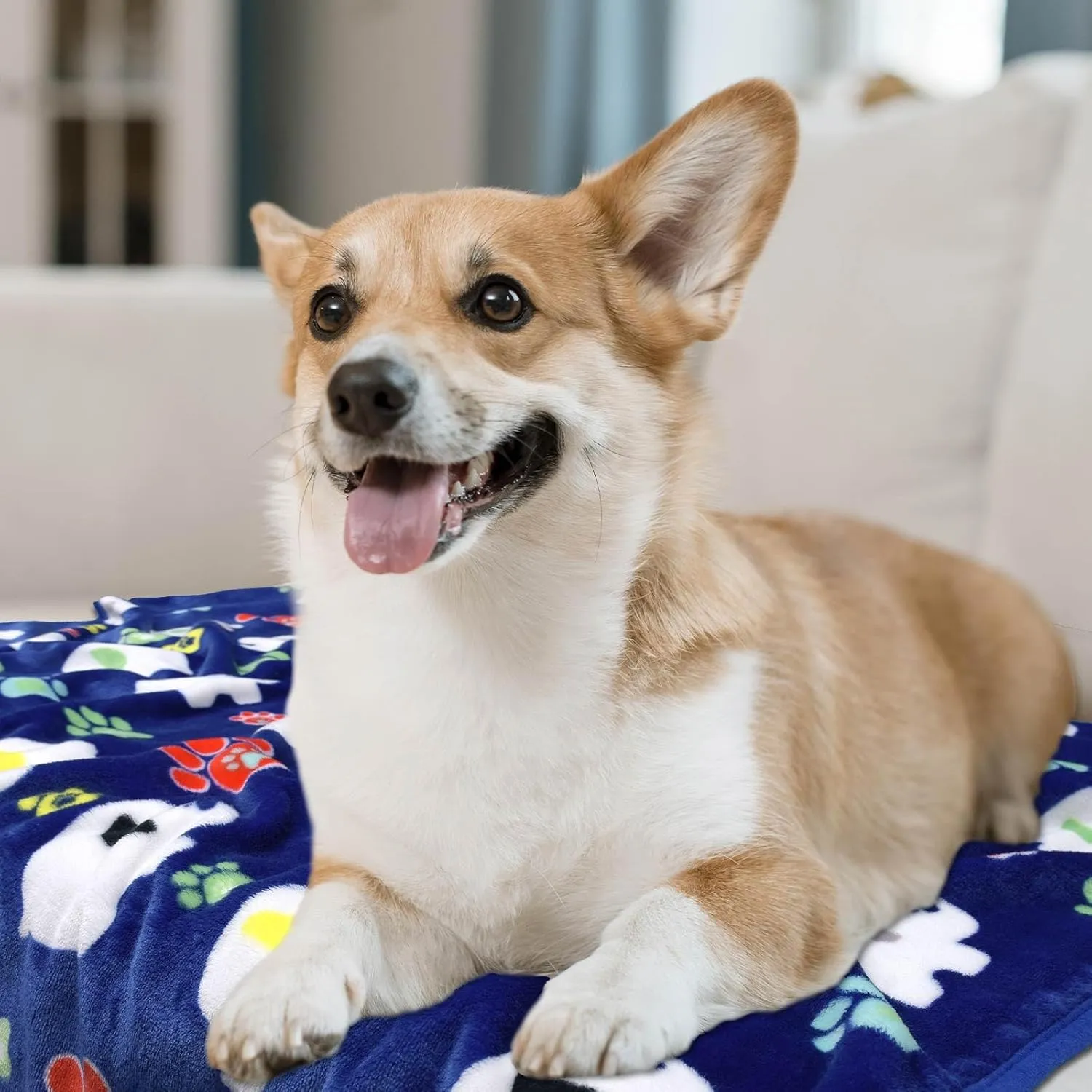 Rezutan Dog Blankets for Large Blanket Medium Blanket Dog Cat Soft Fuzzy Blankets Washable,Blue Elephant Pattern and Paw Prints, Polyester, Breathable, Fade Resistant, Lightweight,41 x 31 inch,Blue