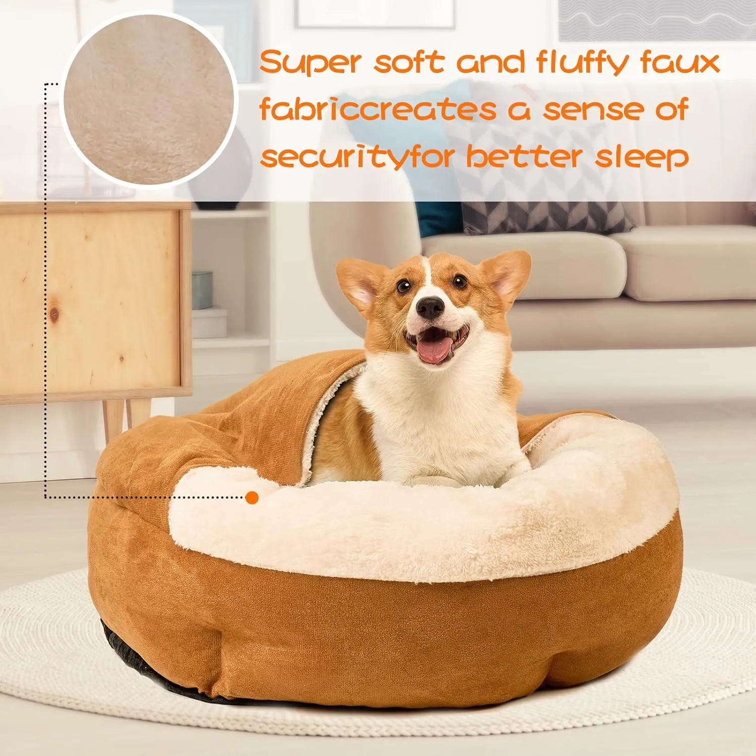 ShinHye Small Dog & Cat Bed, Round Cover Dog Cave Burrow with Hooded Blanket, Anti-Anxiety Cozy Puppy Bed, Machine Washable (23 * 23 * 6 in, Yellow)