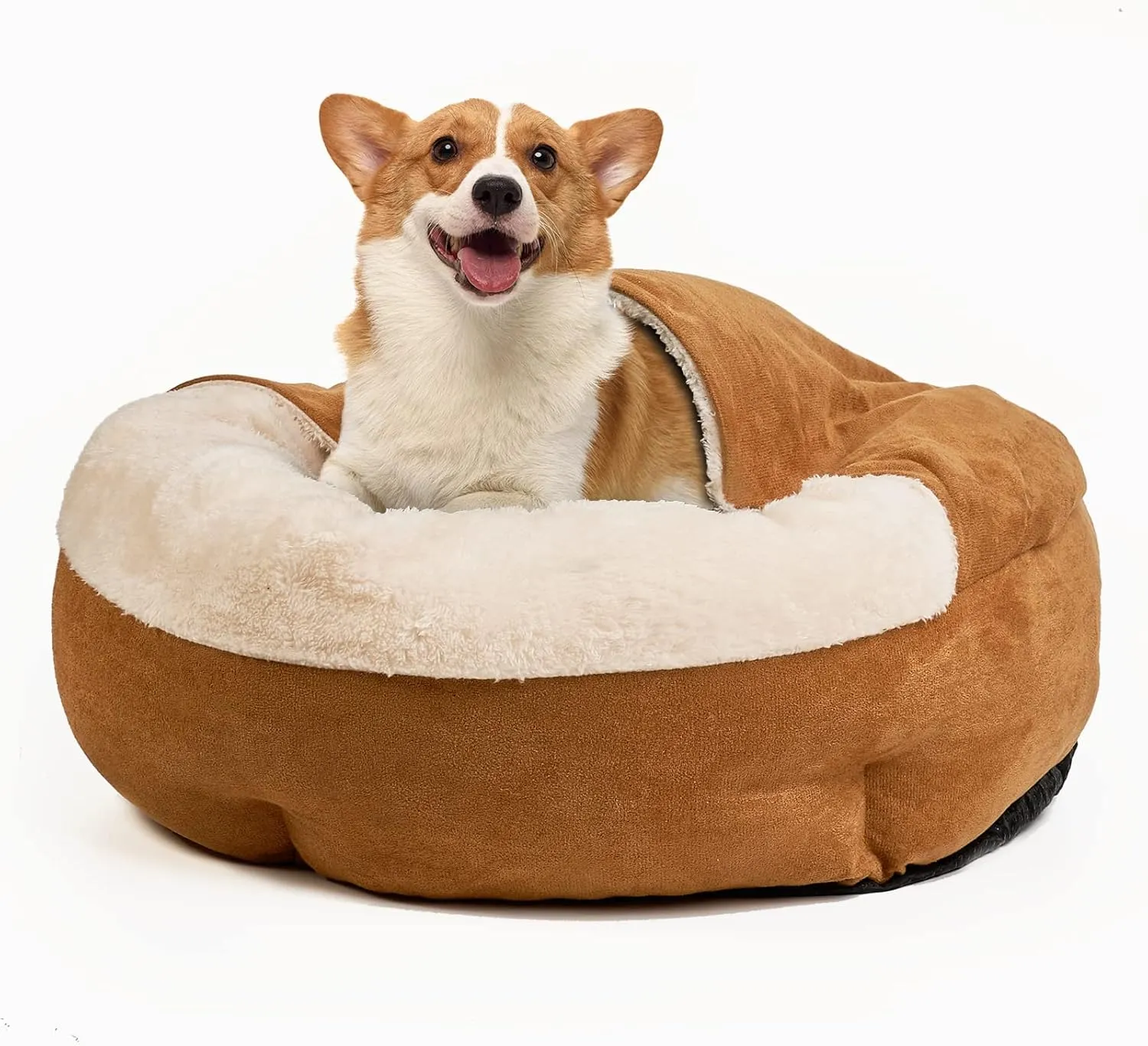 ShinHye Small Dog & Cat Bed, Round Cover Dog Cave Burrow with Hooded Blanket, Anti-Anxiety Cozy Puppy Bed, Machine Washable (23 * 23 * 6 in, Yellow)