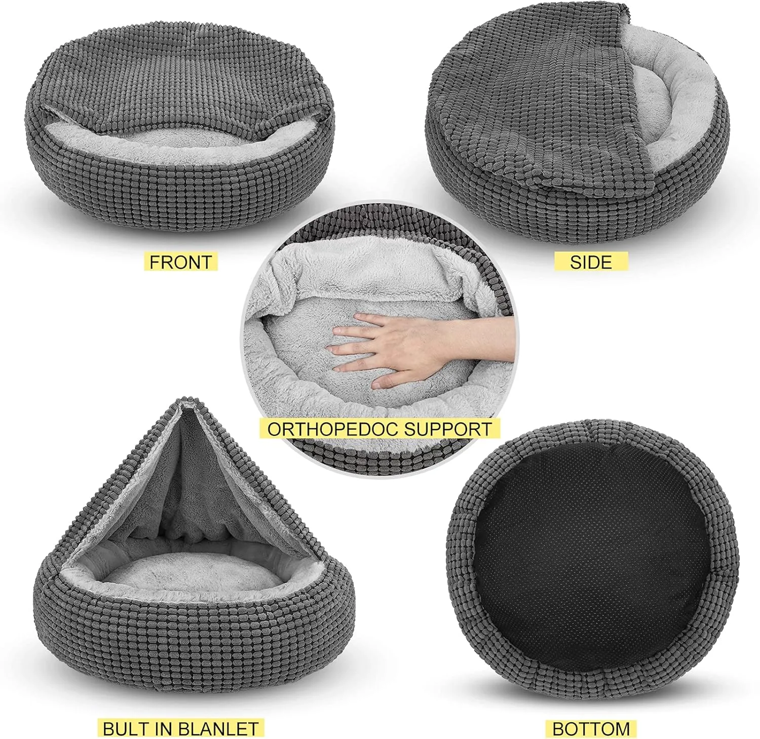 SIWA MARY Dog Bed with Attached Blanket for Small Dogs or Cats, Soft Plush Cozy Donut Cuddler Hooded Pet Beds Washable. Round Puppy Bed Orthopedic, Calming Cat Cave Bed. Anti-Slip Bottom 26inch