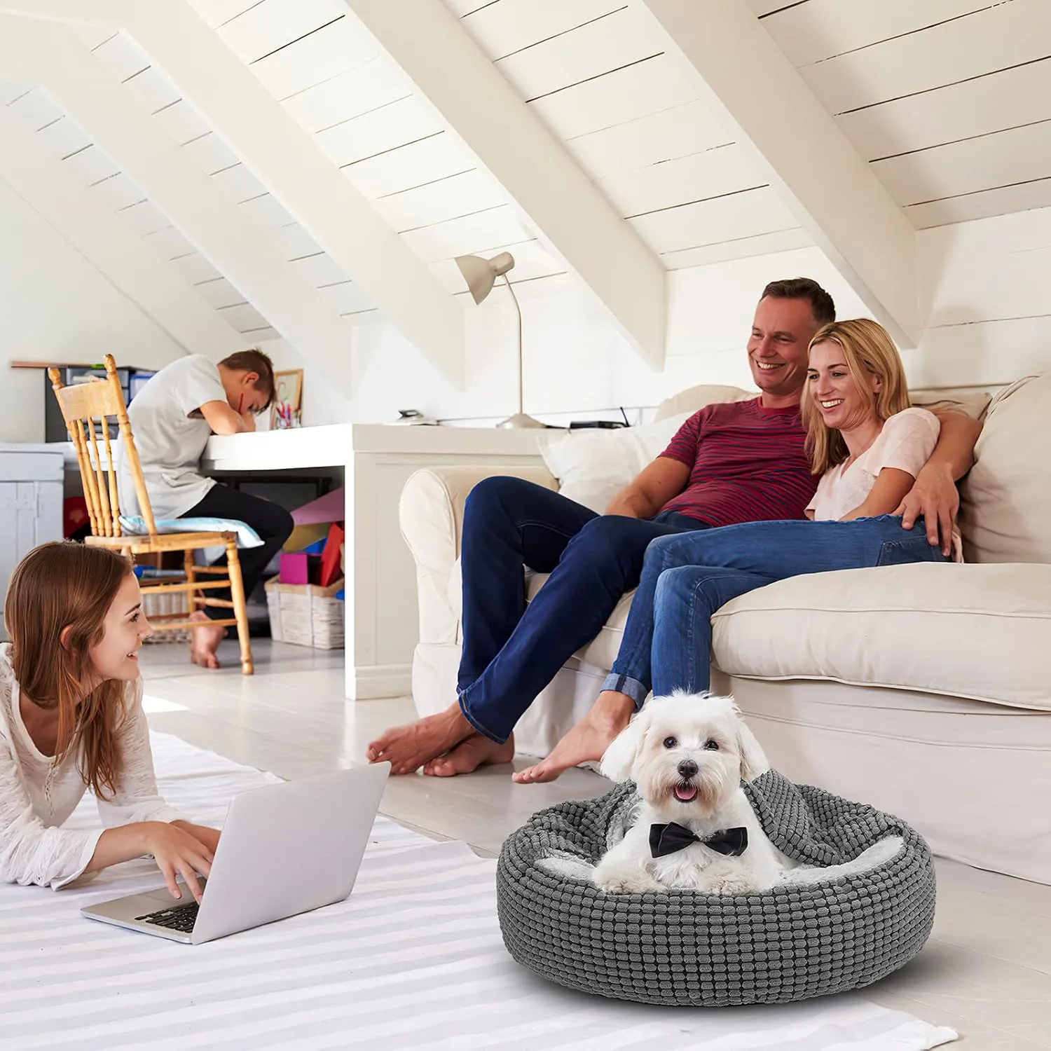 SIWA MARY Dog Bed with Attached Blanket for Small Dogs or Cats, Soft Plush Cozy Donut Cuddler Hooded Pet Beds Washable. Round Puppy Bed Orthopedic, Calming Cat Cave Bed. Anti-Slip Bottom 26inch